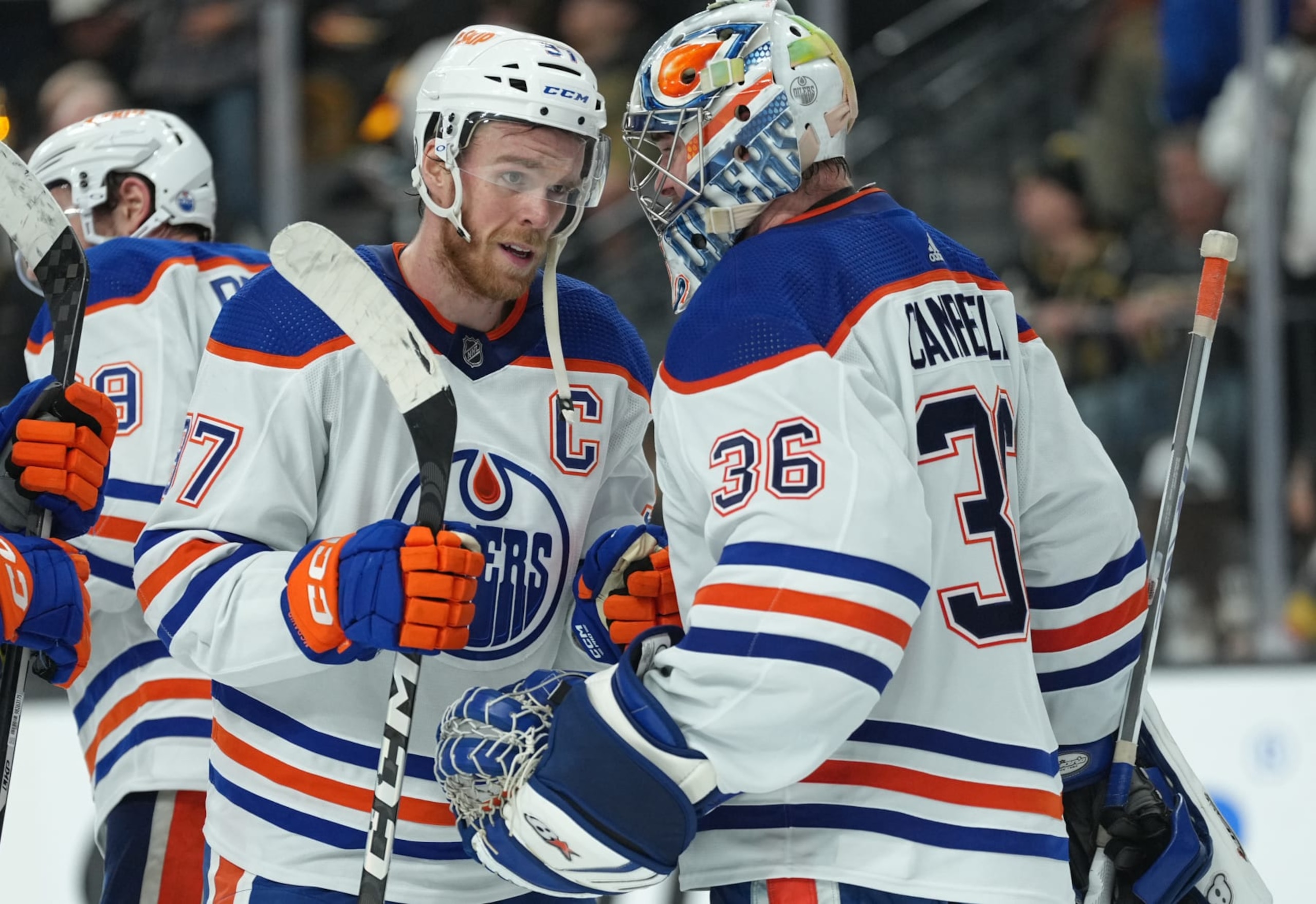 Edmonton Oilers captain Connor McDavid (left) and goaltender Jack Campbell