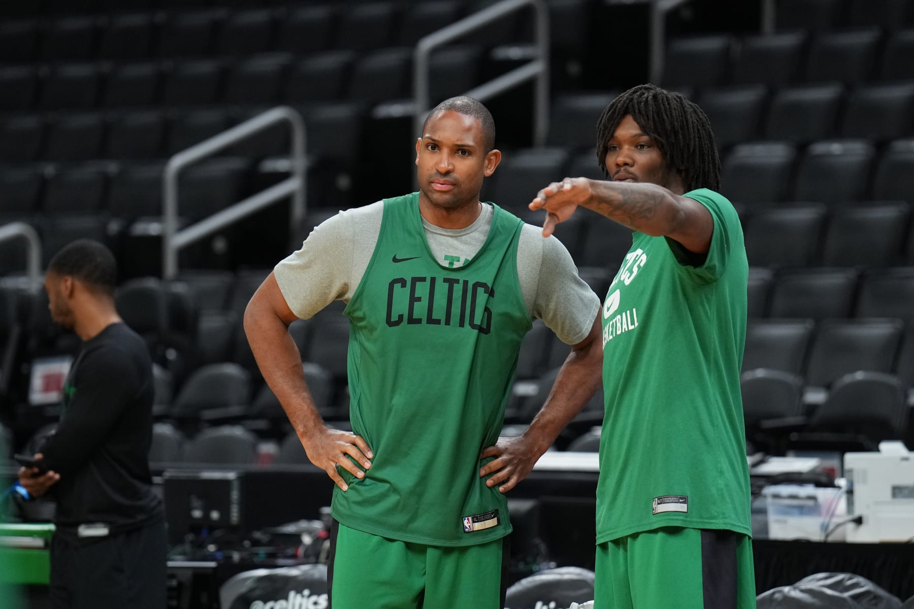 BOSTON, MA  - JUNE 07: Al Horford and Robert Williams III of the Boston Celtics speak during 2022 NBA Finals Practice and Media Availability on June 7, 2022  at the TD Garden in Boston, Massachusetts. NOTE TO USER: User expressly acknowledges and agrees that, by downloading and or using this photograph, user is consenting to the terms and conditions of Getty Images License Agreement. Mandatory Copyright Notice: Copyright 2022 NBAE (Photo by Jesse D. Garrabrant/NBAE via Getty Images)
