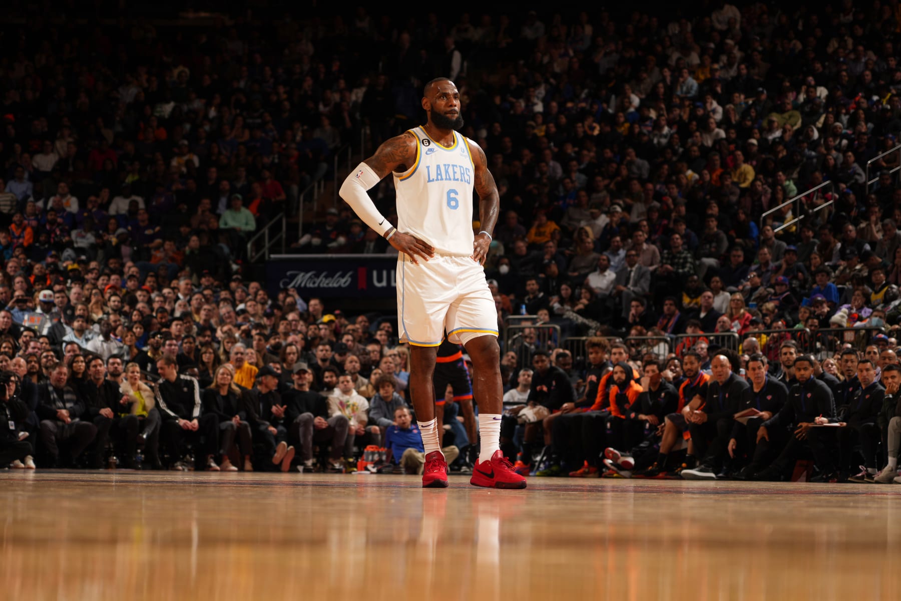 NEW YORK, NY - JANUARY 31: LeBron James #6 of the Los Angeles Lakers looks on during the game against the New York Knicks on January 31, 2023 at Madison Square Garden in New York City, New York.  NOTE TO USER: User expressly acknowledges and agrees that, by downloading and or using this photograph, User is consenting to the terms and conditions of the Getty Images License Agreement. Mandatory Copyright Notice: Copyright 2023 NBAE  (Photo by Jesse D. Garrabrant/NBAE via Getty Images)