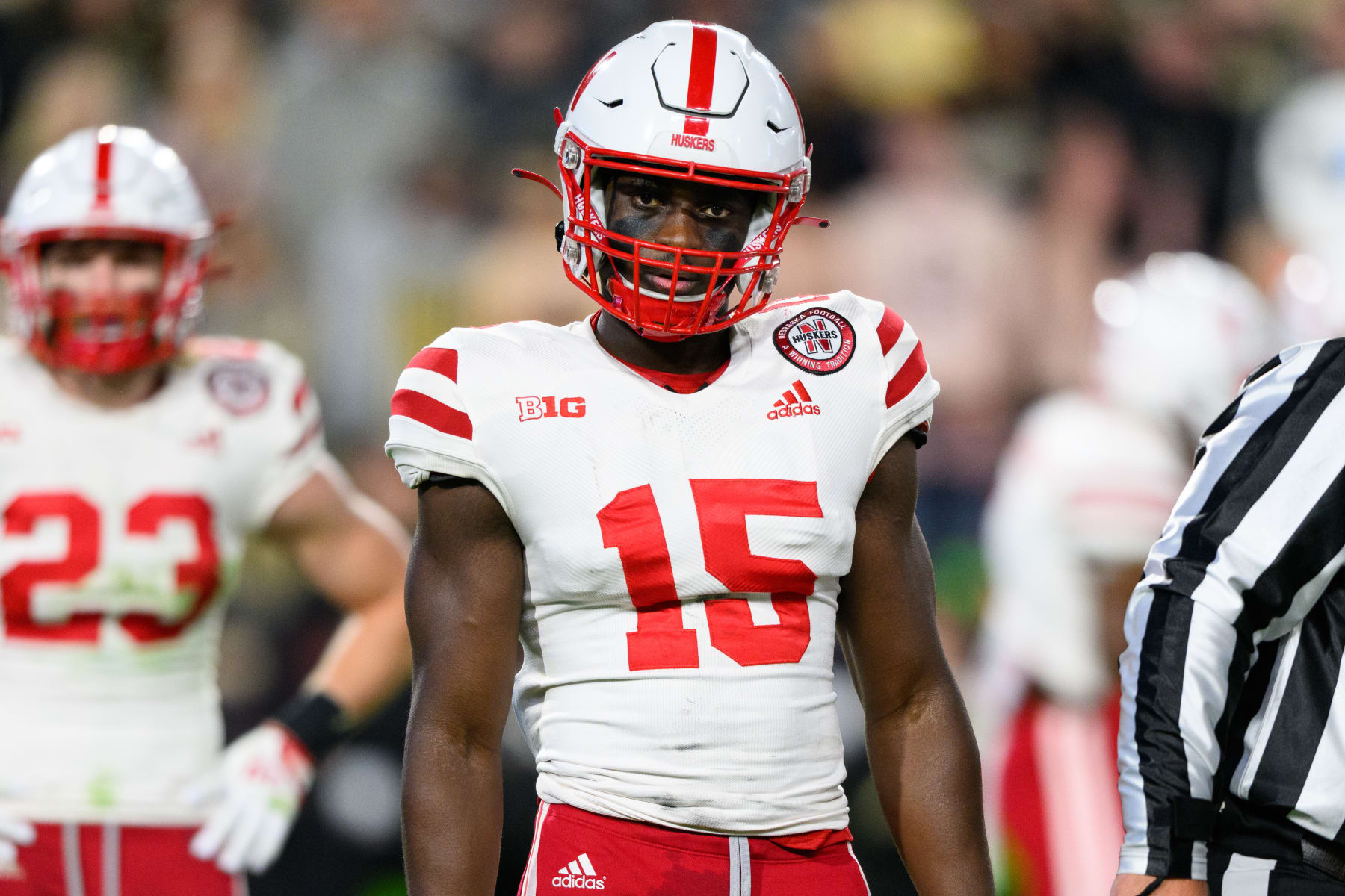 WEST LAFAYETTE, IN - OCTOBER 15: Nebraska Cornhuskers linebacker Ernest Hausmann (15) looks to the sidelines during the college football game between the Purdue Boilermakers and Nebraska Cornhuskers on October 15, 2022, at Ross-Ade Stadium in West Lafayette, IN. (Photo by Zach Bolinger/Icon Sportswire via Getty Images)