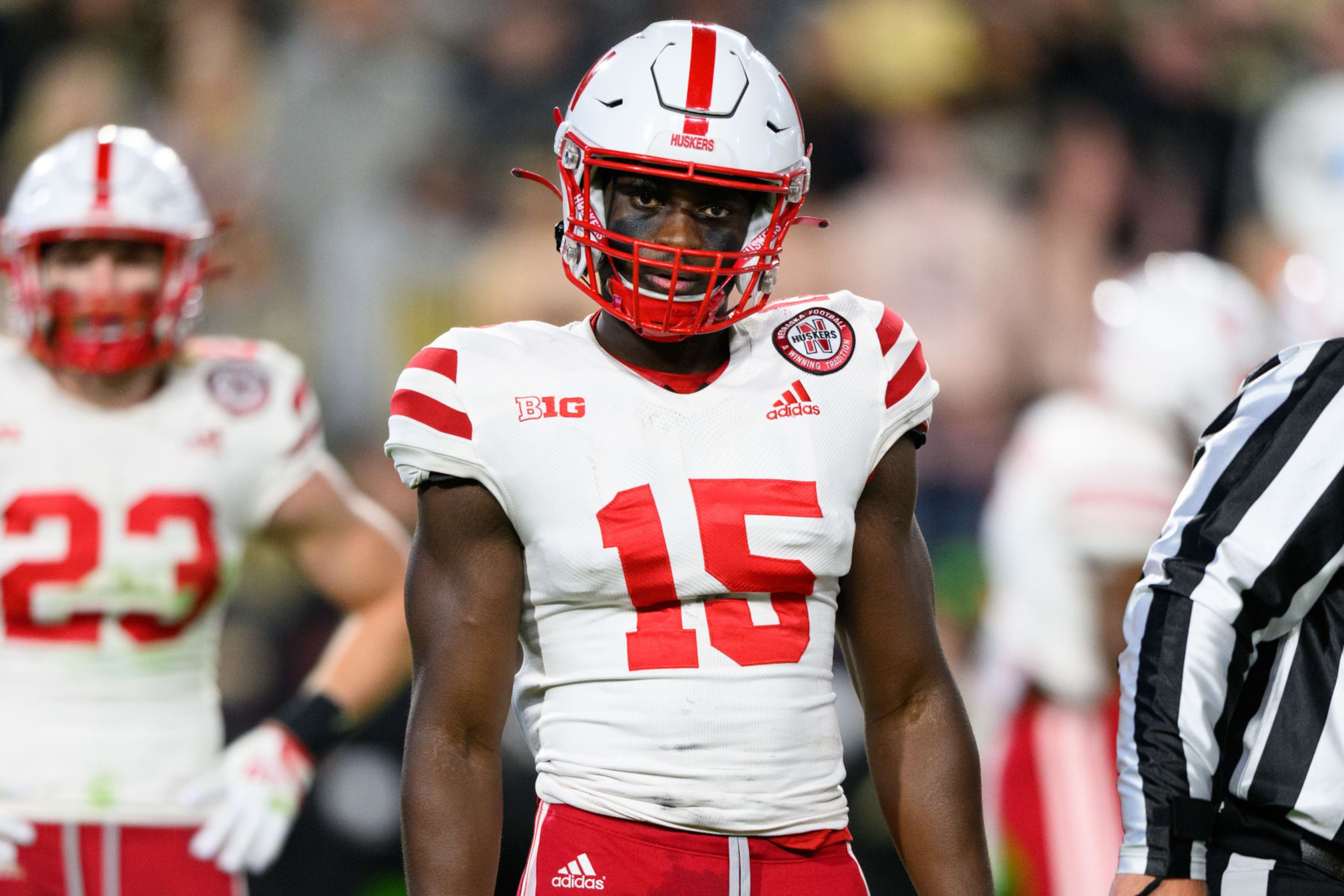 WEST LAFAYETTE, IN - OCTOBER 15: Nebraska Cornhuskers linebacker Ernest Hausmann (15) looks to the sidelines during the college football game between the Purdue Boilermakers and Nebraska Cornhuskers on October 15, 2022, at Ross-Ade Stadium in West Lafayette, IN. (Photo by Zach Bolinger/Icon Sportswire via Getty Images)