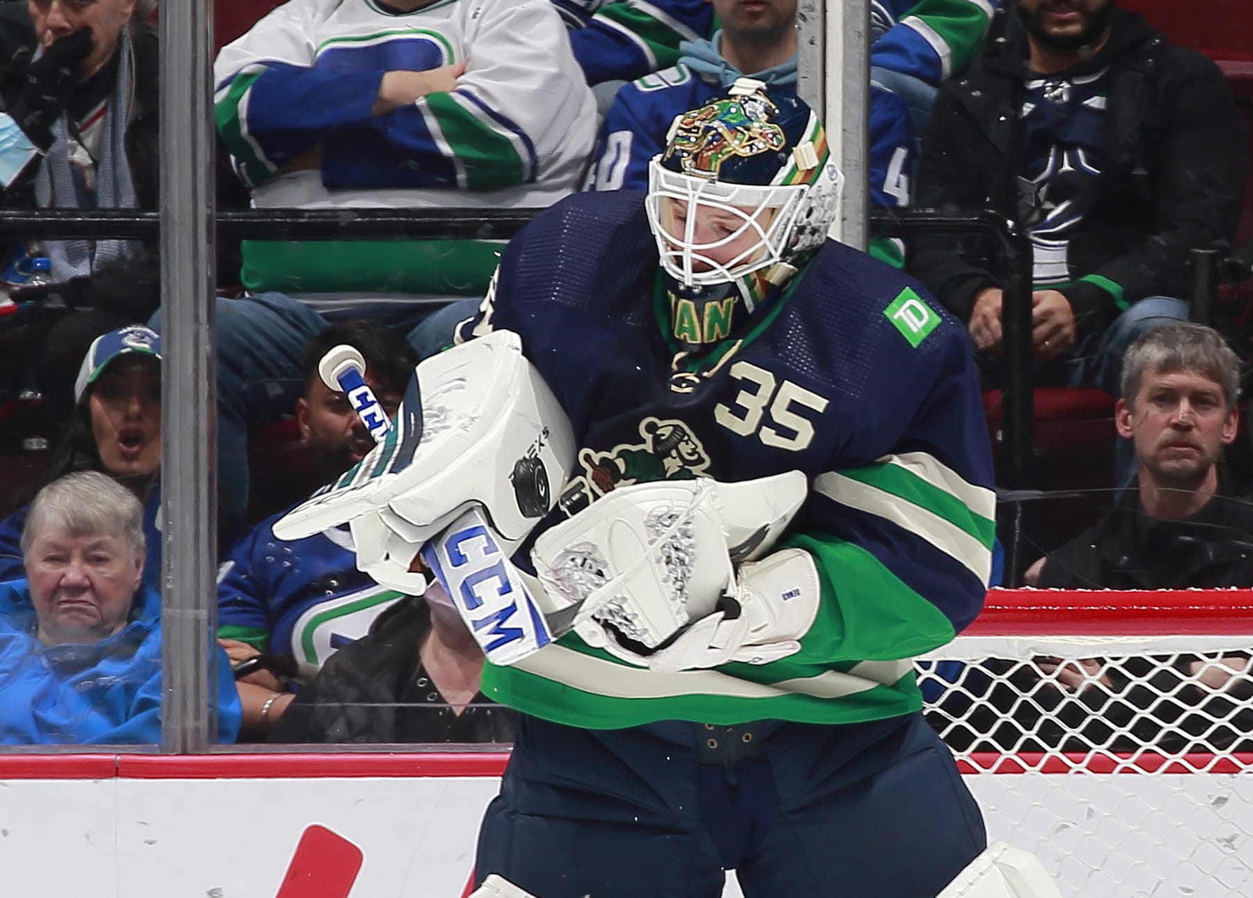 VANCOUVER, CANADA - NOVEMBER 21: Thatcher Demko #35 of the Vancouver Canucks makes a save during their NHL game against the Vegas Golden Knights at Rogers Arena November 21, 2022 in Vancouver, British Columbia, Canada.  (Photo by Jeff Vinnick/NHLI via Getty Images)