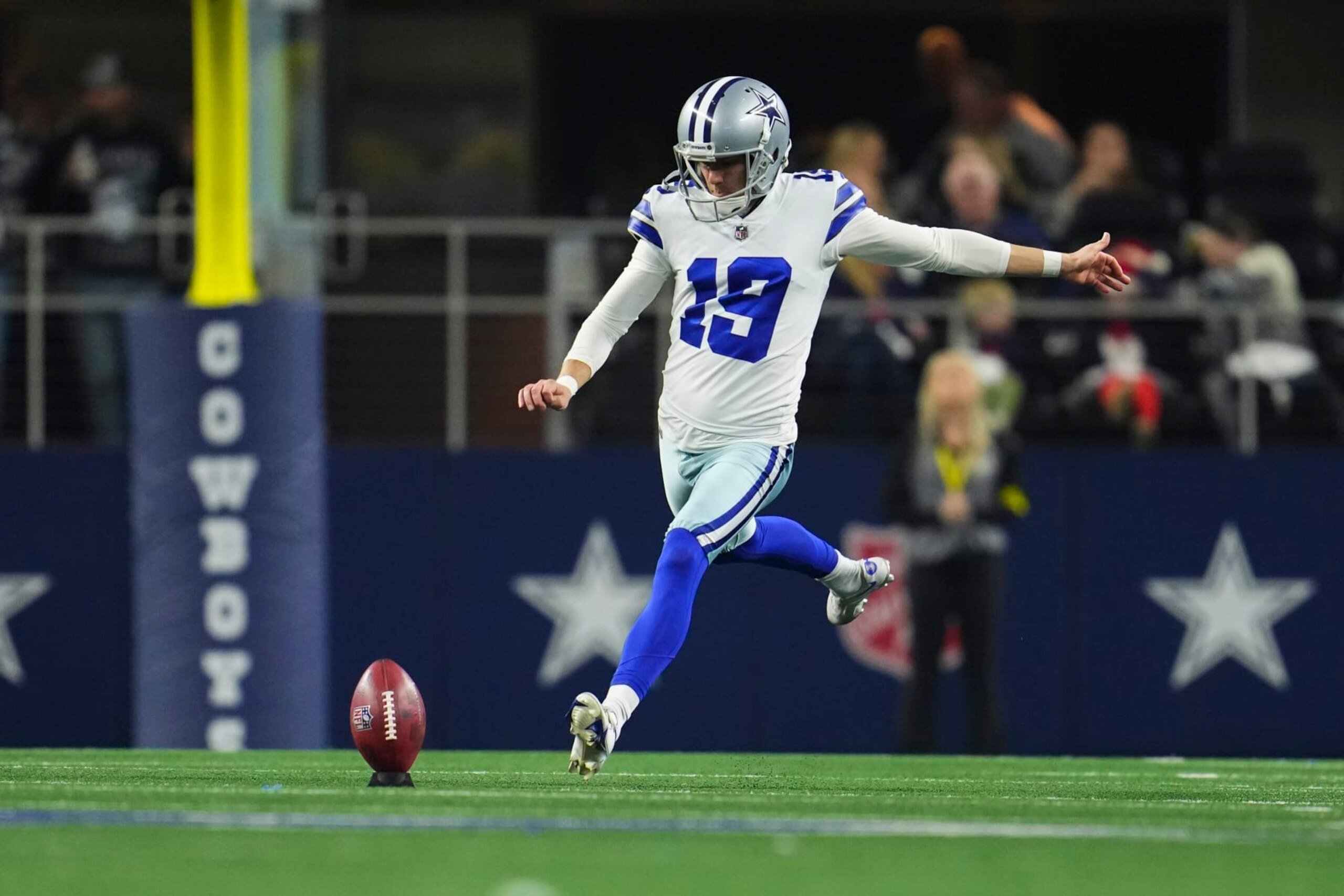ARLINGTON, TX - DECEMBER 24: Brett Maher #19 of the Dallas Cowboys kicks against the Philadelphia Eagles at AT&T Stadium on December 24, 2022 in Arlington, Texas. (Photo by Cooper Neill/Getty Images)