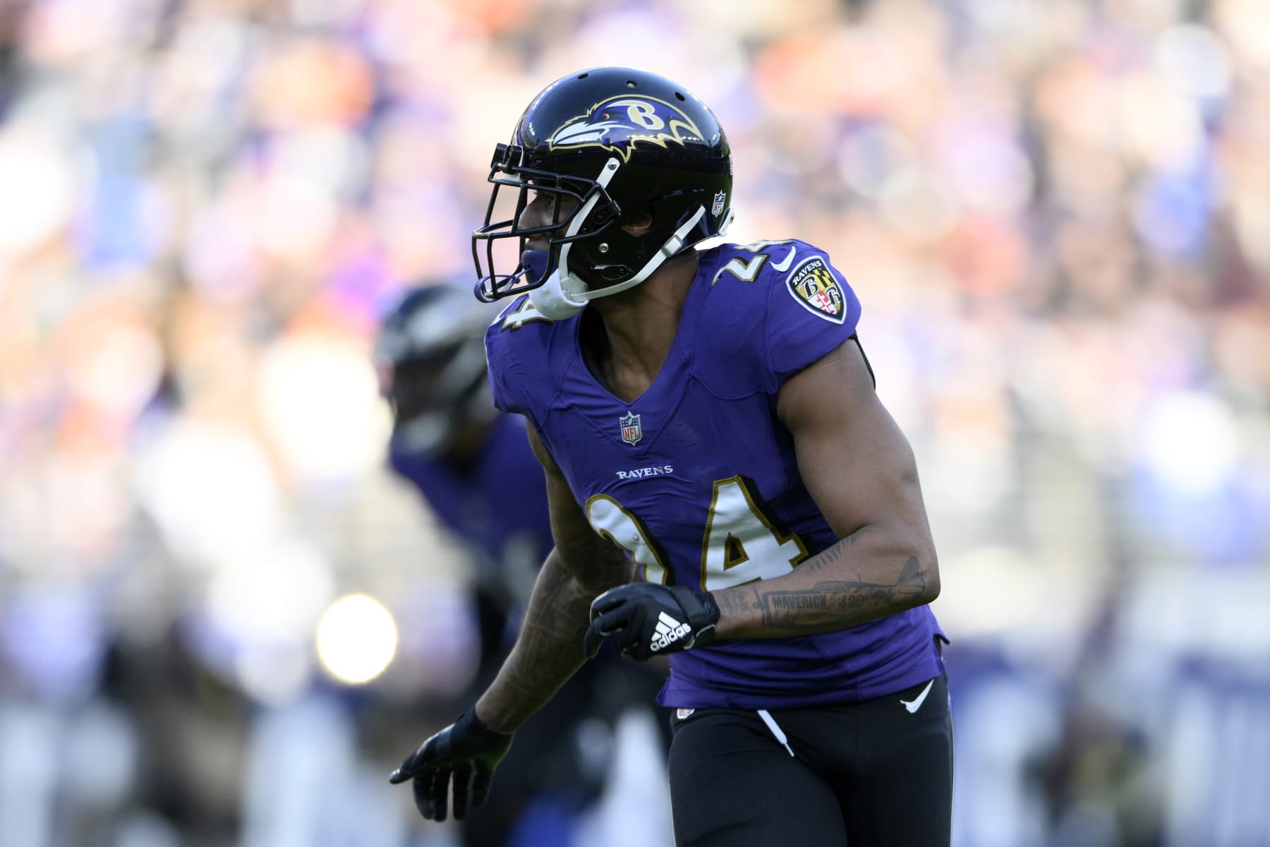 Baltimore Ravens cornerback Marcus Peters (24) in action during the second half of an NFL football game against the Denver Broncos, Sunday, Dec. 4, 2022, in Baltimore. (AP Photo/Nick Wass)
