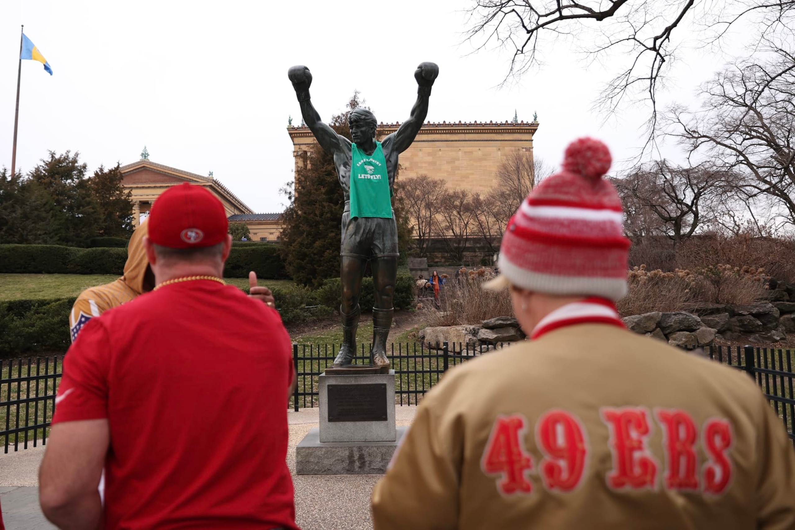 PHILADELPHIA, PENNSYLVANIA - JANUARY 28: Visitors pose with the Rocky statue outside the Philadelphia Museum of Art on January 28, 2023 in Philadelphia, Pennsylvania. (Photo by Tim Nwachukwu/Getty Images) PHILADELPHIA, PENNSYLVANIA - JANUARY 28: Visitors pose with the Rocky statue outside the Philadelphia Museum of Art on January 28, 2023 in Philadelphia, Pennsylvania. (Photo by Tim Nwachukwu/Getty Images)