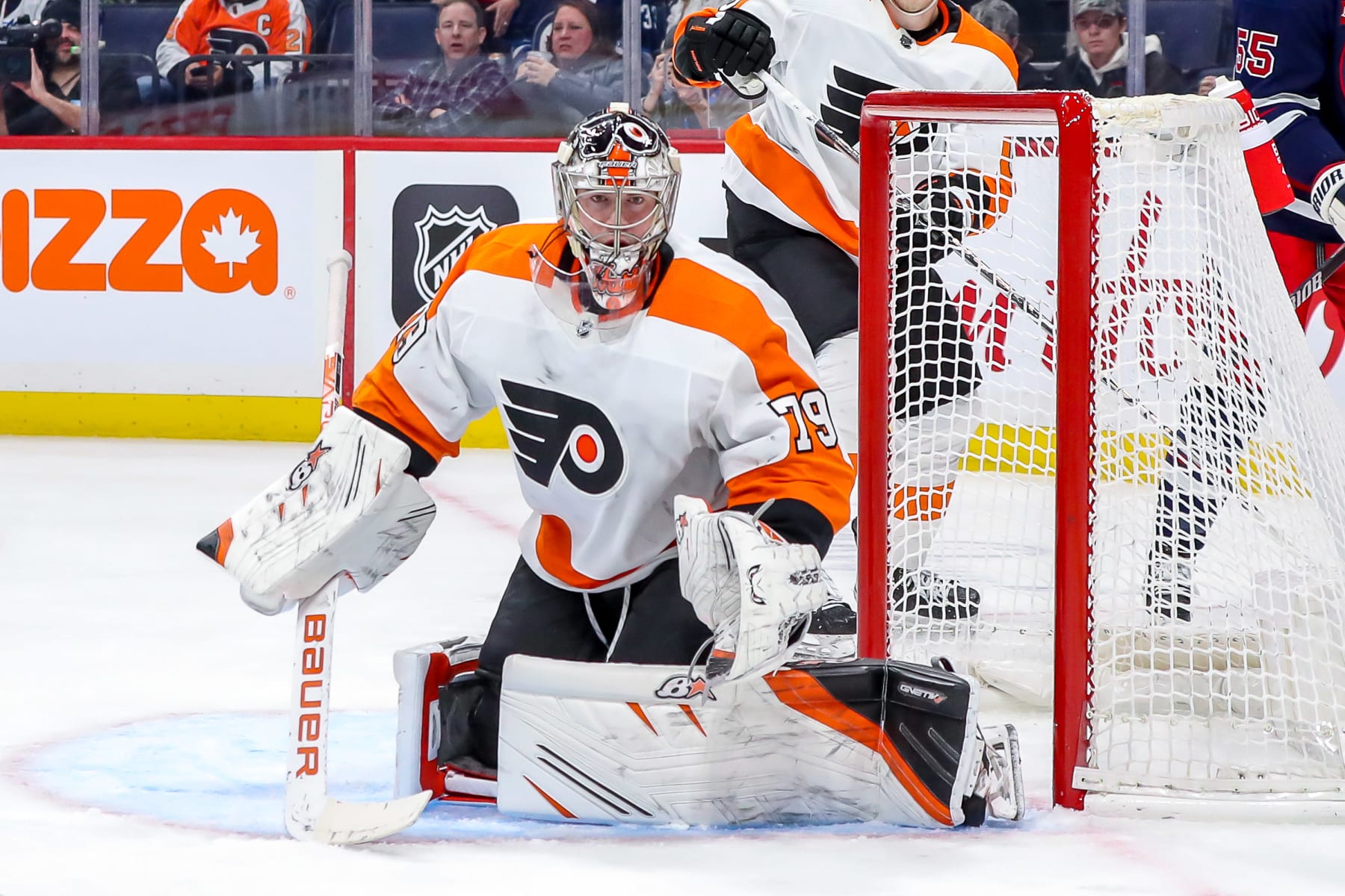 WINNIPEG, CANADA - JANUARY 28: Goaltender Carter Hart #79 of the Philadelphia Flyers keeps an eye on the play during third period action against the Winnipeg Jets at the Canada Life Centre on January 28, 2023 in Winnipeg, Manitoba, Canada. (Photo by Darcy Finley/NHLI via Getty Images)