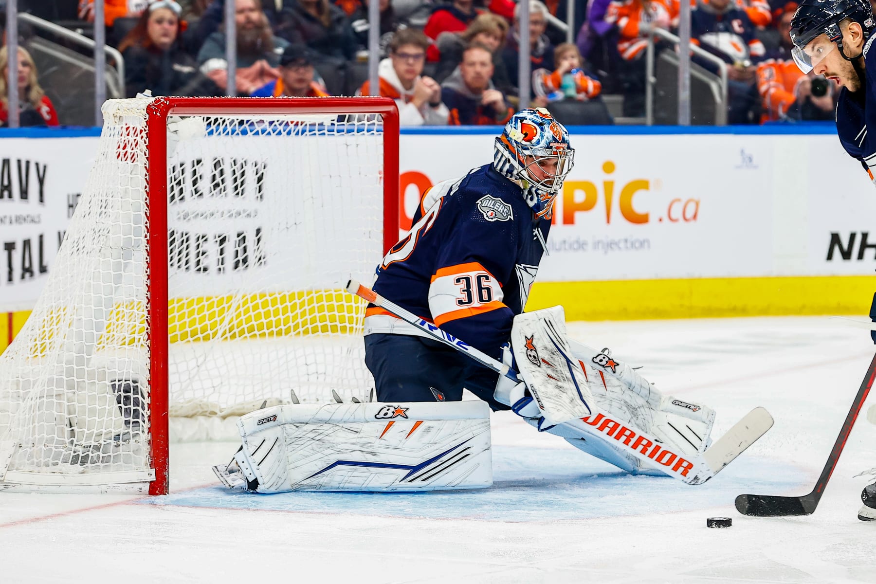 EDMONTON, AB - JANUARY 28: Edmonton Oilers Goalie Jack Campbell (36) makes a save in the second period of the Edmonton Oilers game versus the Chicago Blackhawks on January 28, 2023 at Rogers Place in Edmonton, AB. (Photo by Curtis Comeau/Icon Sportswire via Getty Images)