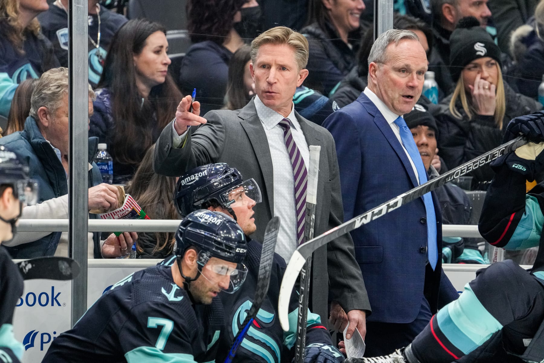 SEATTLE, WASHINGTON - JANUARY 27: Head coach Dave Hakstol of the Seattle Kraken directs the team from the bench during the second period of a game against the Calgary Flames at Climate Pledge Arena on January 27, 2023 in Seattle, Washington. (Photo by Christopher Mast/NHLI via Getty Images)