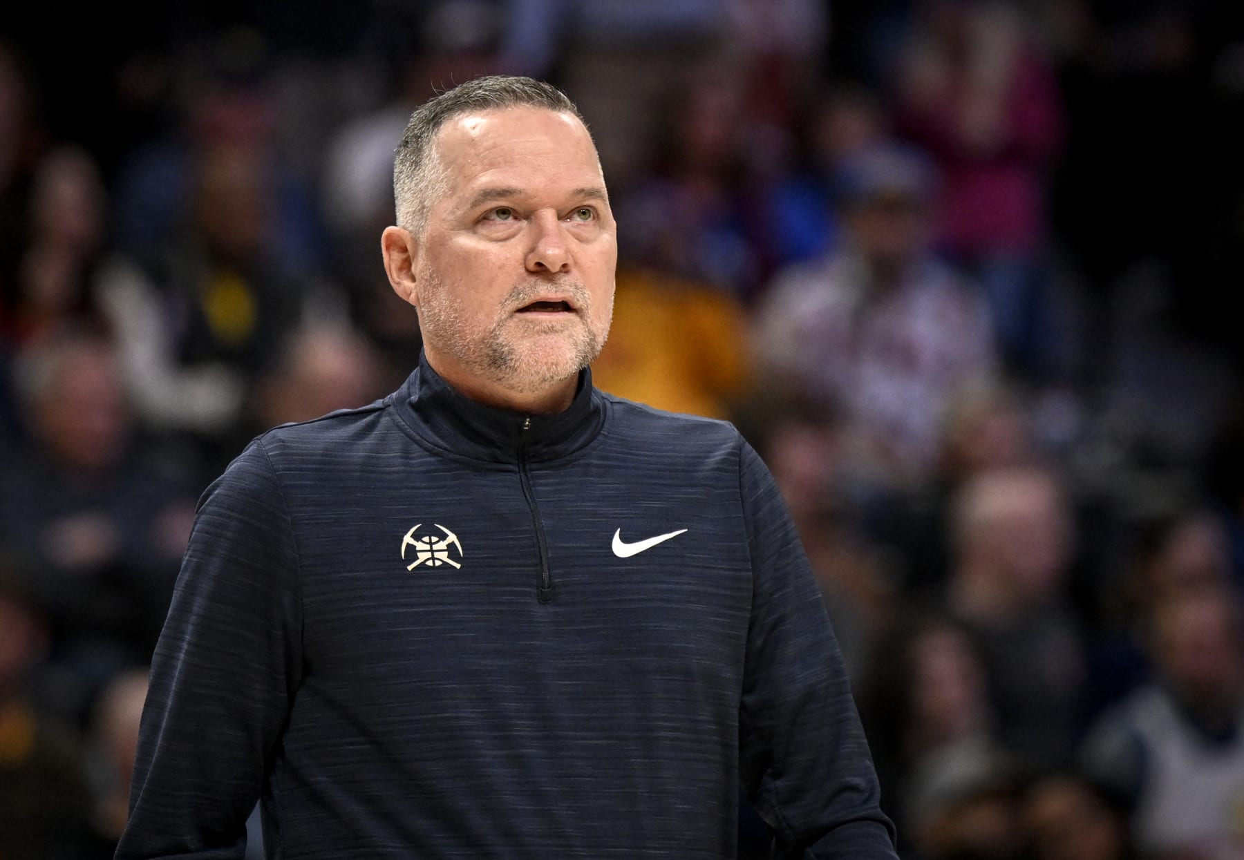 DENVER, CO - JANUARY 9: Denver Nuggets head coach Michael Malone mutters to himself as he takes a timeout against the Los Angeles Lakers during the third quarter at Ball Arena in Denver on Monday, January 9, 2023. (Photo by AAron Ontiveroz/MediaNews Group/The Denver Post via Getty Images)