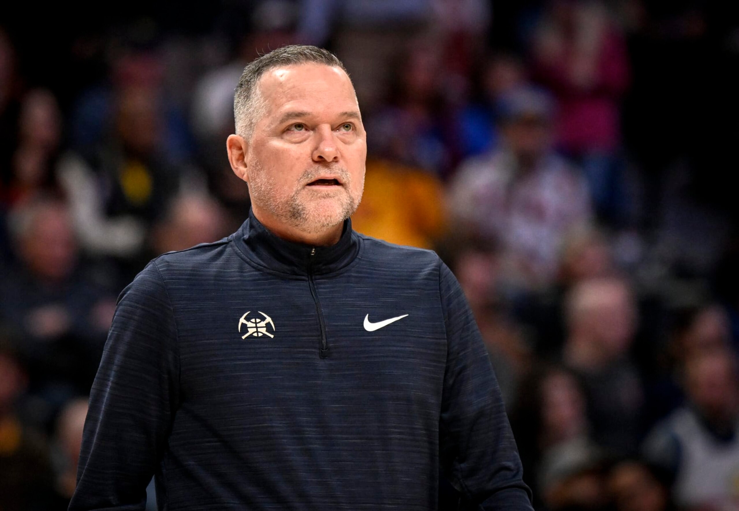 DENVER, CO - JANUARY 9: Denver Nuggets head coach Michael Malone mutters to himself as he takes a timeout against the Los Angeles Lakers during the third quarter at Ball Arena in Denver on Monday, January 9, 2023. (Photo by AAron Ontiveroz/MediaNews Group/The Denver Post via Getty Images)