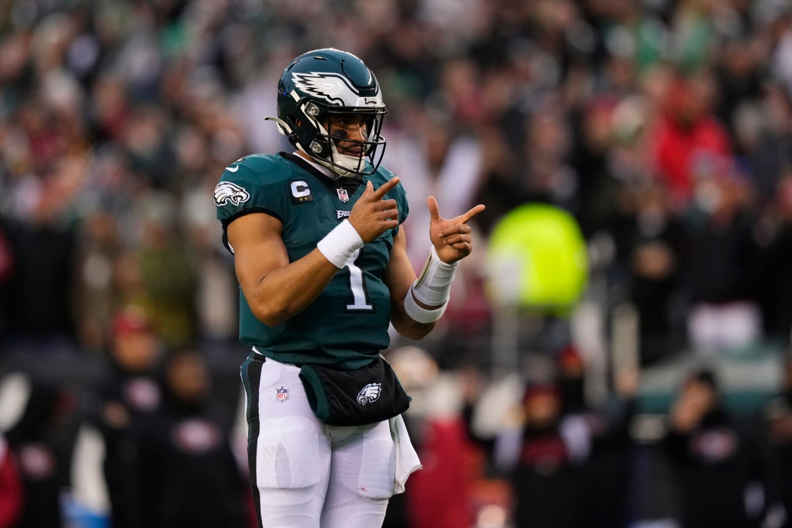 Philadelphia Eagles' Jalen Hurts reacts during the NFC Championship NFL football game between the Philadelphia Eagles and the San Francisco 49ers, Sunday, Jan. 29, 2023, in Philadelphia. (AP Photo/Matt Slocum)