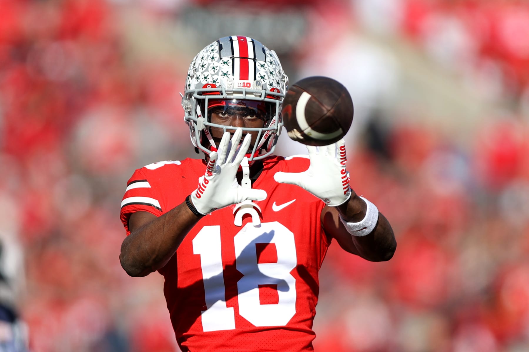 COLUMBUS, OH - NOVEMBER 26: Ohio State Buckeyes wide receiver Marvin Harrison Jr. (18) catches the football on the sideline during the second quarter of the college football game between the Michigan Wolverines and Ohio State Buckeyes on November 26, 2022, at Ohio Stadium in Columbus, OH. (Photo by Frank Jansky/Icon Sportswire via Getty Images)