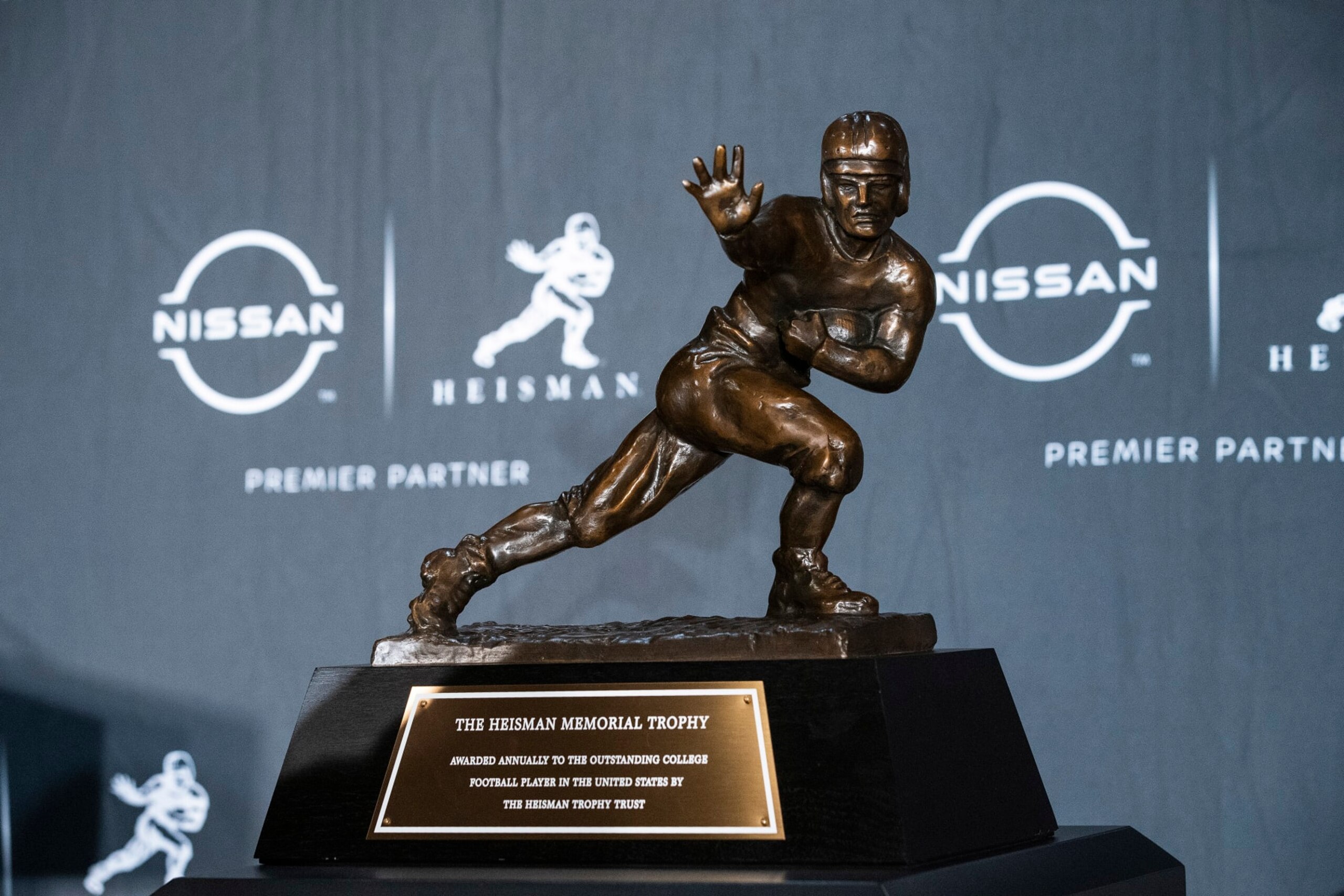 The Heisman Trophy sits during a news conference before the award ceremony Saturday, Dec. 10, 2022, in New York. (AP Photo/Eduardo Munoz Alvarez)