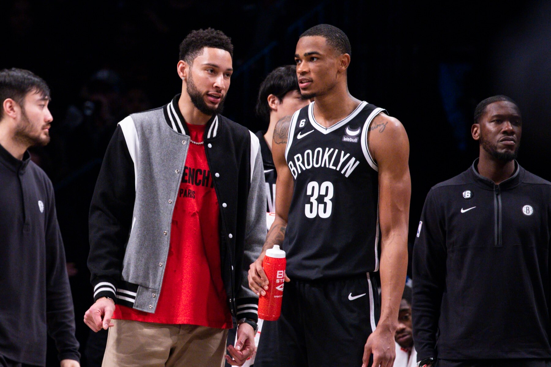 Brooklyn Nets guard Ben Simmons (10) speaks to Brooklyn Nets center Nic Claxton (33) during a time out in the second half of an NBA basketball game against the Los Angeles Lakers Monday, Jan. 30, 2023, in New York. (AP Photo/Corey Sipkin)