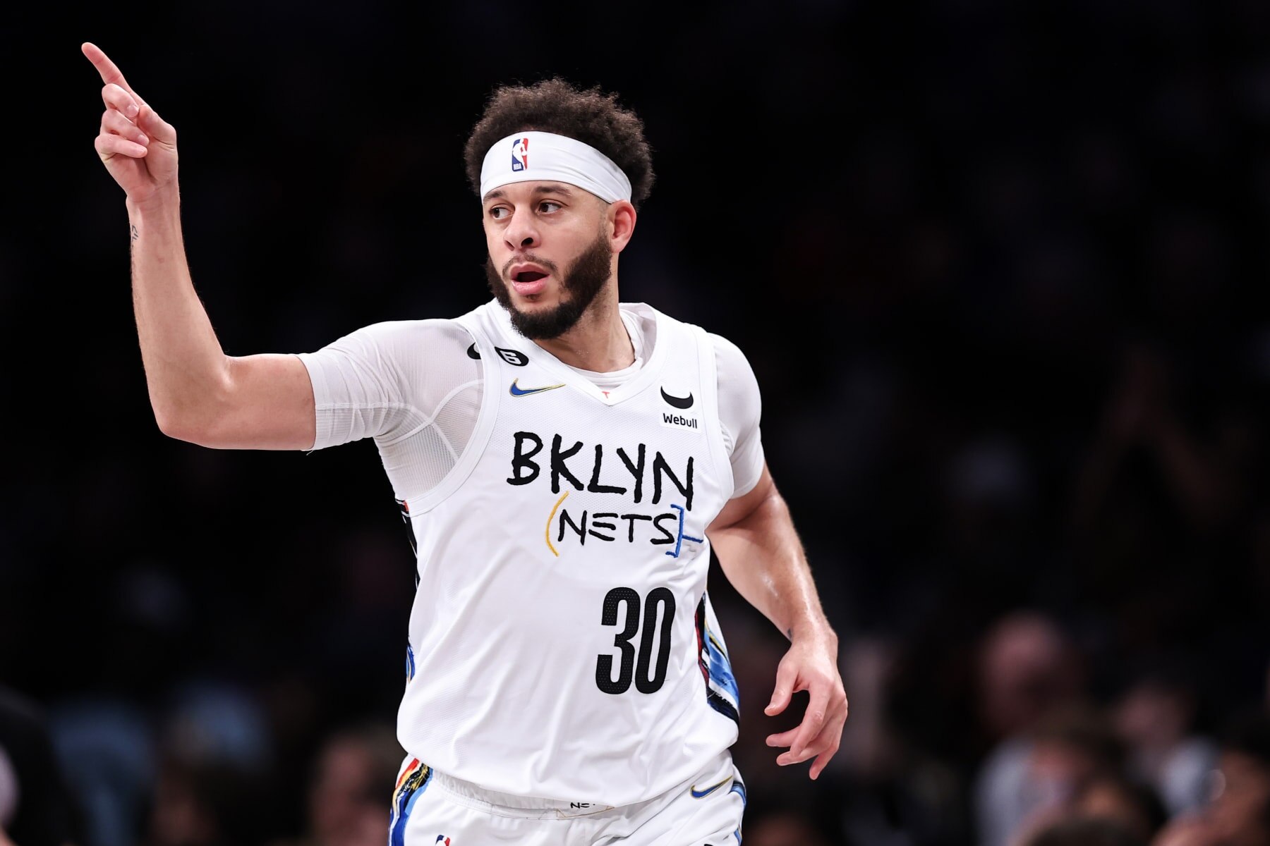 NEW YORK, NEW YORK - JANUARY 28: Seth Curry #30 of the Brooklyn Nets reacts after making a three pointer during the fourth quarter of the game against the New York Knicks at Barclays Center on January 28, 2023 in New York City. NOTE TO USER: User expressly acknowledges and agrees that, by downloading and or using this photograph, User is consenting to the terms and conditions of the Getty Images License Agreement. (Photo by Dustin Satloff/Getty Images)