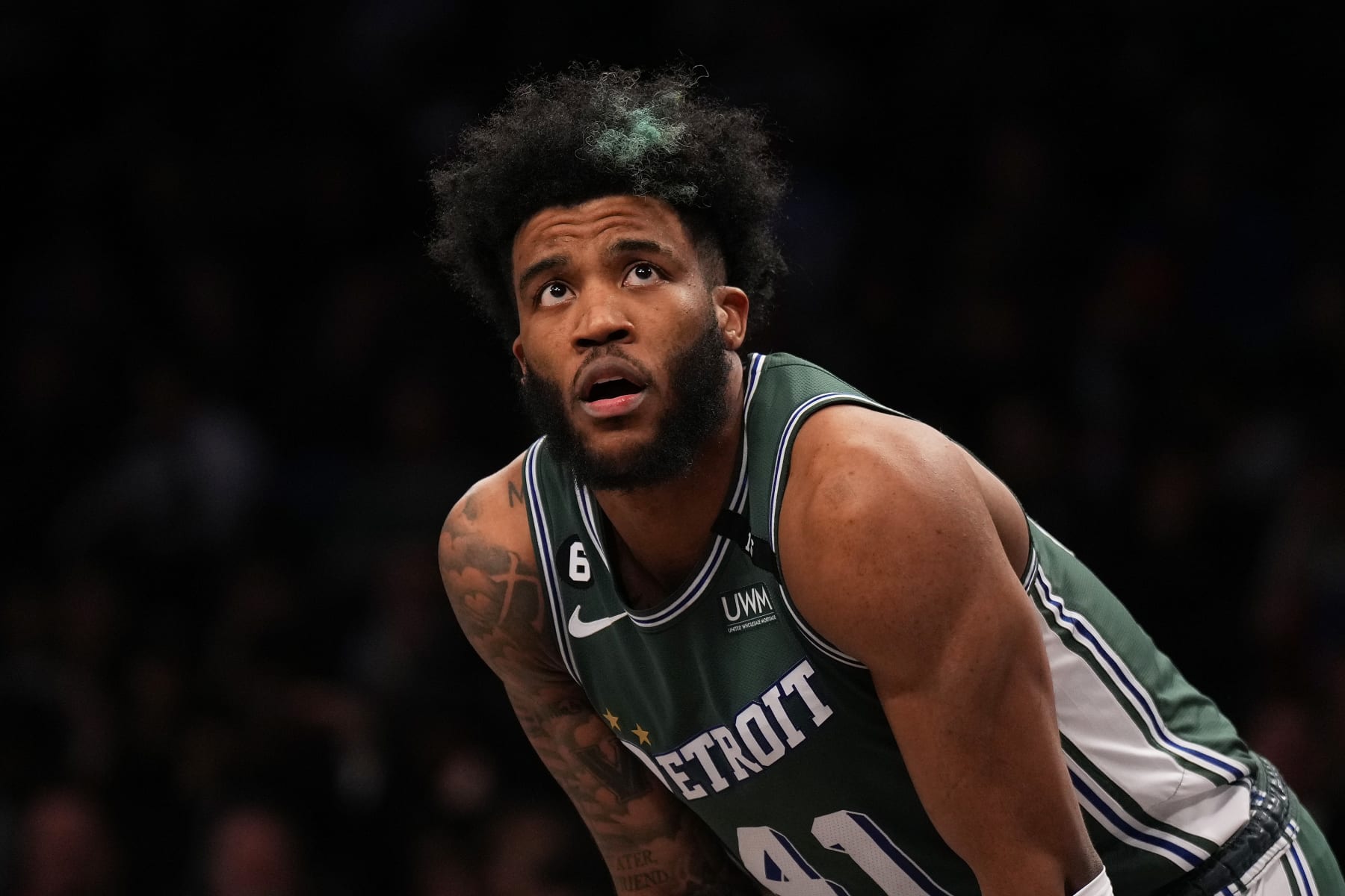 NEW YORK, NEW YORK - JANUARY 26: Saddiq Bey #41 of the Detroit Pistons in action against the Brooklyn Nets at Barclays Center on January 26, 2023 in New York City. NOTE TO USER: User expressly acknowledges and agrees that, by downloading and or using this Photograph, user is consenting to the terms and conditions of the Getty Images License Agreement. Detroit Pistons defeated the Brooklyn Nets 130-122. (Photo by Mike Stobe/Getty Images)