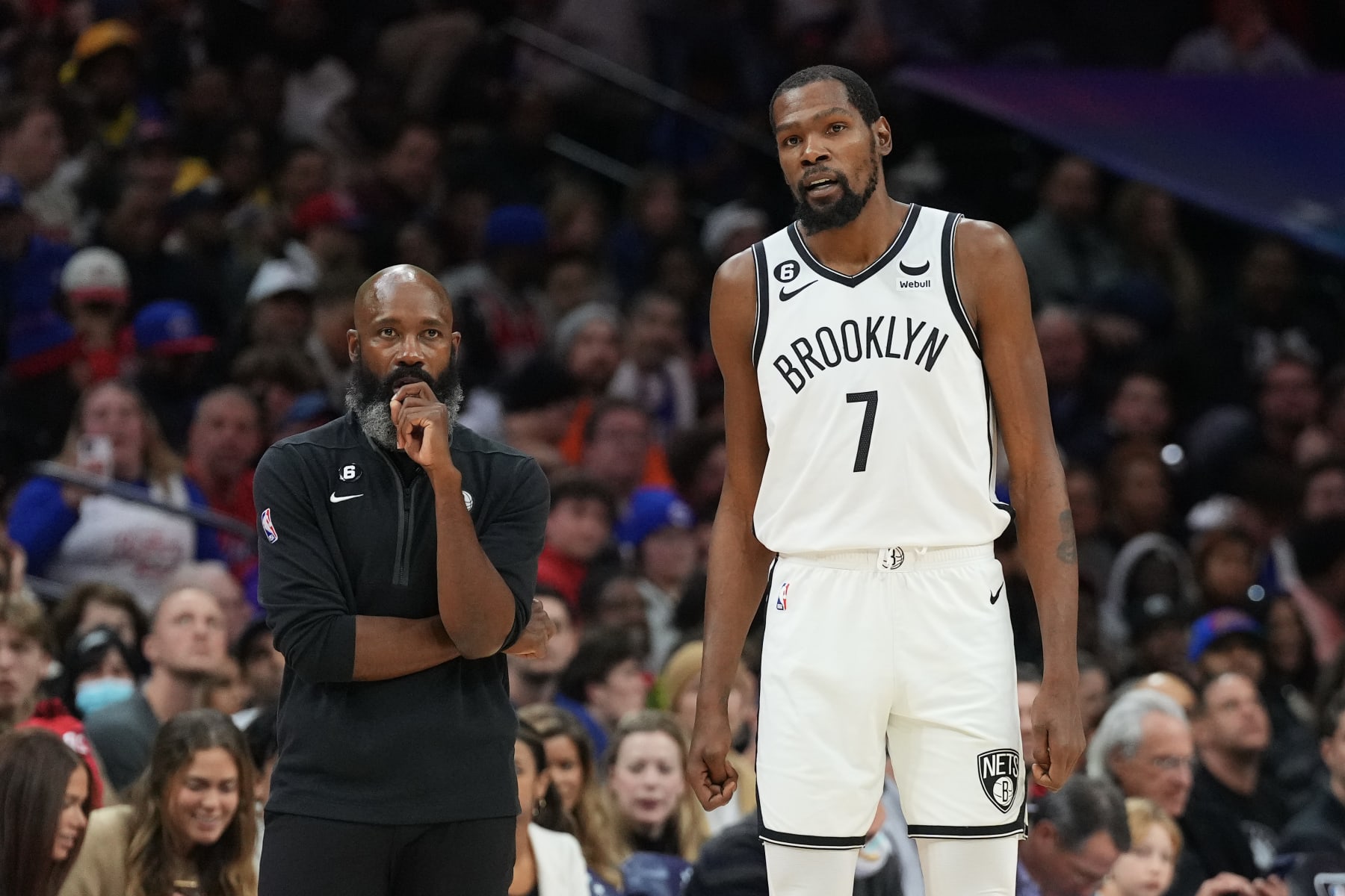 PHILADELPHIA, PA - NOVEMBER 22: Head coach Jacque Vaughn of the Brooklyn Nets talks to Kevin Durant #7 against the Philadelphia 76ers at the Wells Fargo Center on November 22, 2022 in Philadelphia, Pennsylvania. NOTE TO USER: User expressly acknowledges and agrees that, by downloading and or using this photograph, User is consenting to the terms and conditions of the Getty Images License Agreement. (Photo by Mitchell Leff/Getty Images)