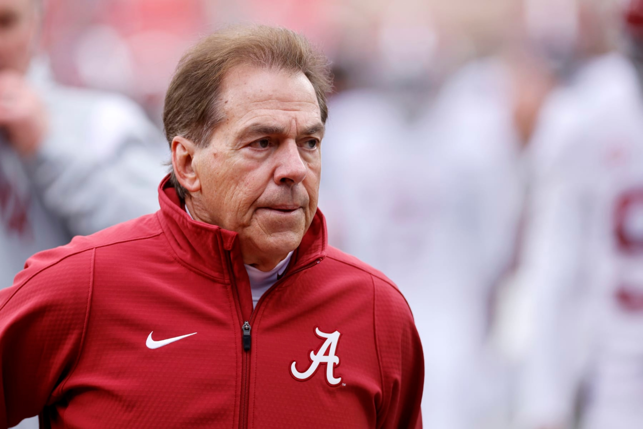 OXFORD, MS - NOVEMBER 12: Alabama Crimson Tide head coach Nick Saban leaves the field after warmups prior to a college football game against the Mississippi Rebels on November 12, 2022 at Vaught-Hemingway Stadium in Oxford, Mississippi. (Photo by Joe Robbins/Icon Sportswire via Getty Images)