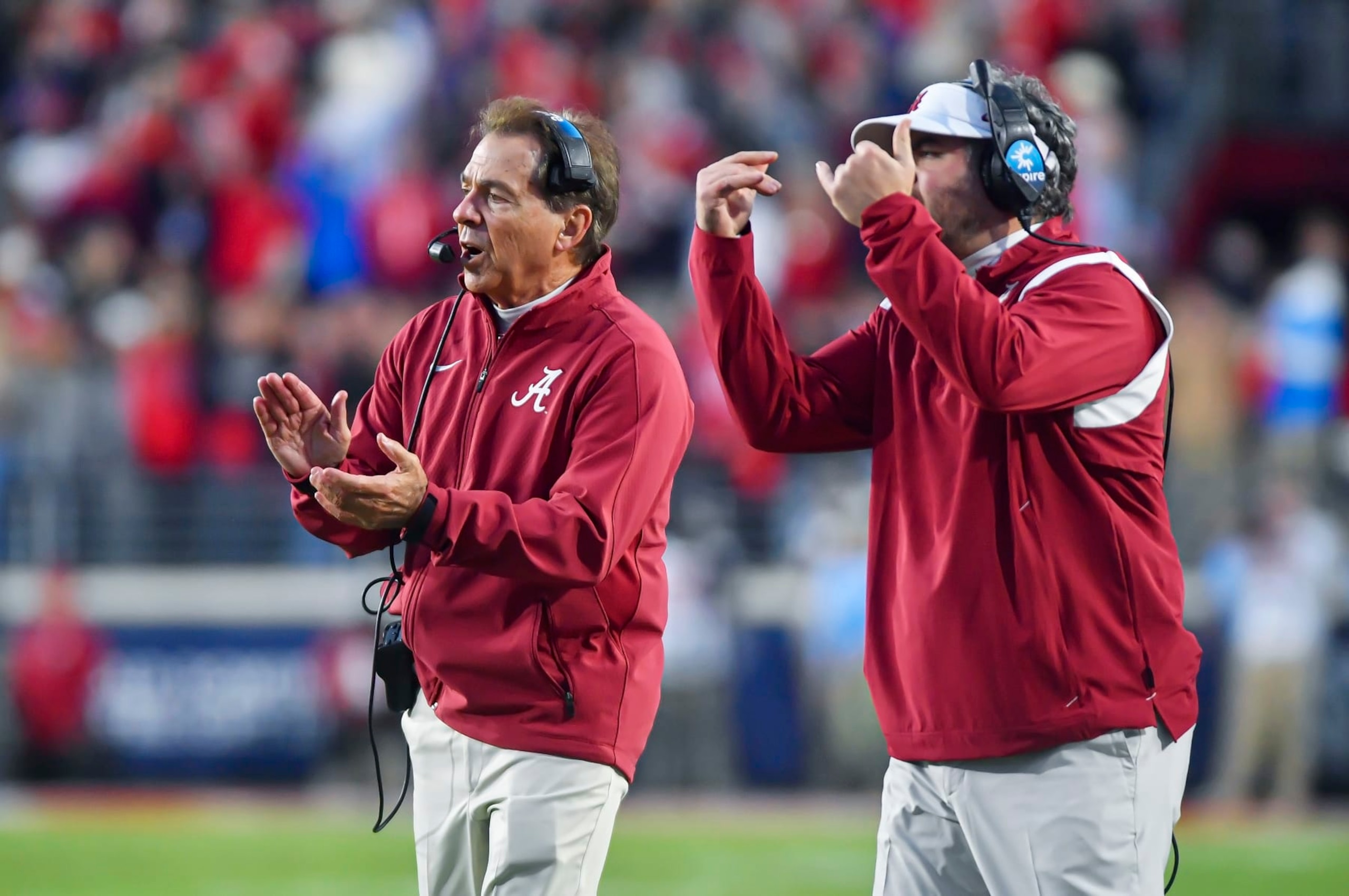 OXFORD, MS - NOVEMBER 12: Alabama Crimson Tide coach Nick Saban (left) reacts after a play during the third quarter of a college football game between the Alabama Crimson Tide and Mississippi Rebels at Vaught-Hemingway Stadium on Saturday, November 12, 2022 in Oxford, MS. (Photo by Austin McAfee/Icon Sportswire via Getty Images)