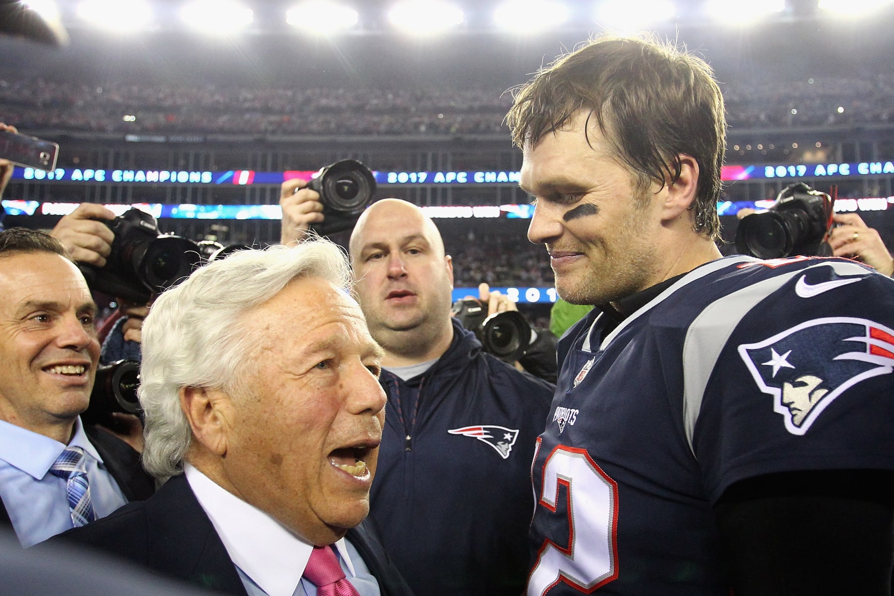 FOXBOROUGH, MA - JANUARY 21:  Tom Brady #12 of the New England Patriots celebrates with owner Robert Kraft after winning the AFC Championship Game against the Jacksonville Jaguars at Gillette Stadium on January 21, 2018 in Foxborough, Massachusetts.  (Photo by Jim Rogash/Getty Images)