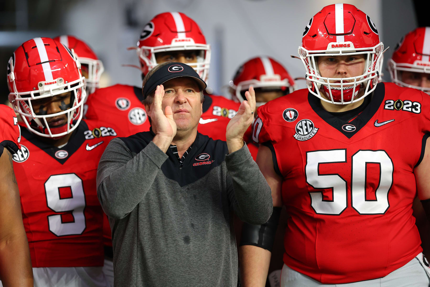 INGLEWOOD, CALIFORNIA - JANUARY 09: Head coach Kirby Smart of the Georgia Bulldogs  prepares to take the field with his players before the College Football Playoff National Championship game against the TCU Horned Frogs at SoFi Stadium on January 09, 2023 in Inglewood, California. (Photo by Kevin C. Cox/Getty Images)