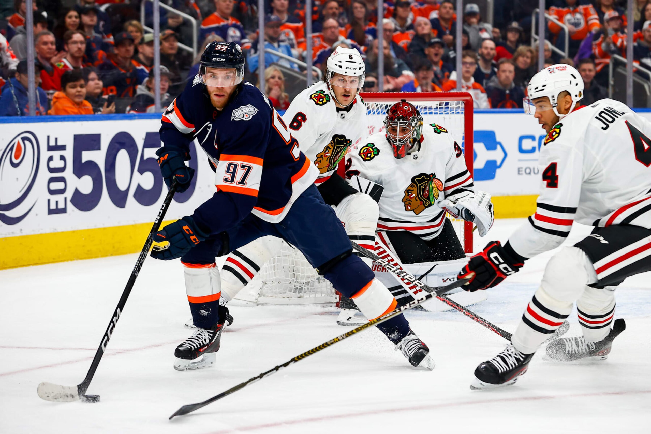 EDMONTON, AB - JANUARY 28: Edmonton Oilers Center Connor McDavid (97) takes the puck to the net in the first period of the Edmonton Oilers game versus the Chicago Blackhawks on January 28, 2023 at Rogers Place in Edmonton, AB. (Photo by Curtis Comeau/Icon Sportswire via Getty Images)