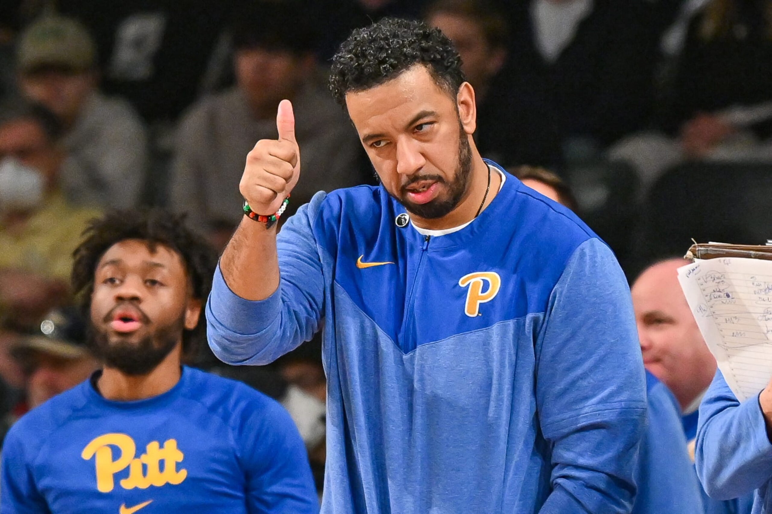 ATLANTA, GA  JANUARY 14:  Pittsburgh assistant coach Jason Capel gestures from the bench during the college basketball game between the Pittsburgh Panthers and the Georgia Tech Yellow Jackets on January 14th, 2023 at Hank McCamish Pavilion in Atlanta, GA.  (Photo by Rich von Biberstein/Icon Sportswire via Getty Images)