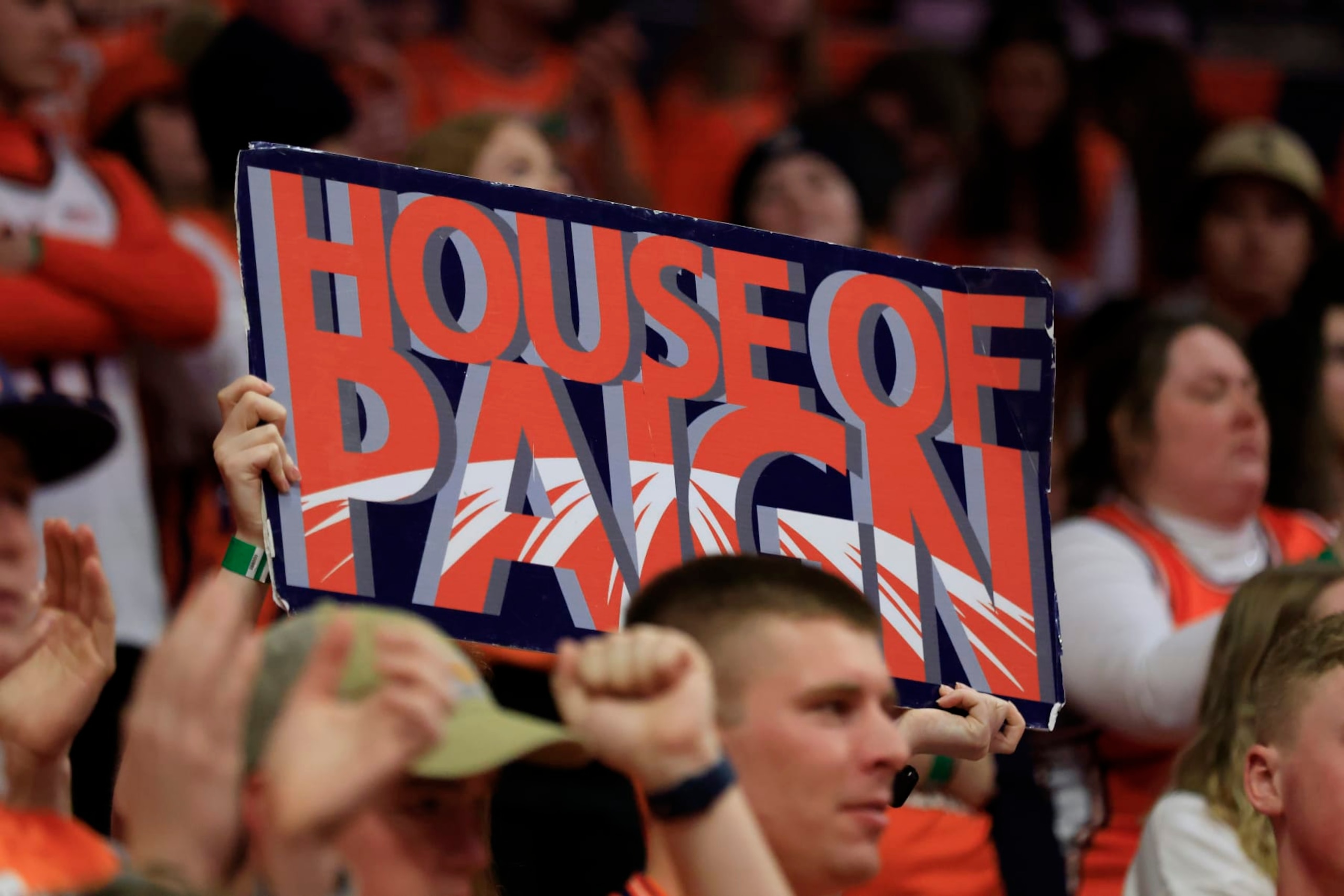 CHAMPAIGN, ILLINOIS - JANUARY 31: A Illinois Fighting Illini fan holds up a sign during the game against the Nebraska Cornhuskers at State Farm Center on January 31, 2023 in Champaign, Illinois. (Photo by Justin Casterline/Getty Images)