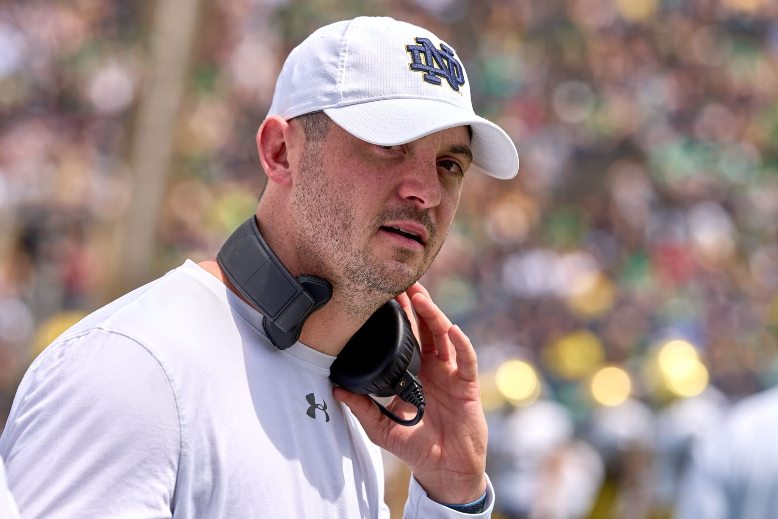 SOUTH BEND, IN - APRIL 23: Notre Dame Offensive Coordinator/Quarterbacks coach Tommy Rees looks on during the Notre Dame Blue-Gold Spring Football Game on April 23, 2022 at Notre Dame Stadium in South Bend, IN. (Photo by Robin Alam/Icon Sportswire via Getty Images)