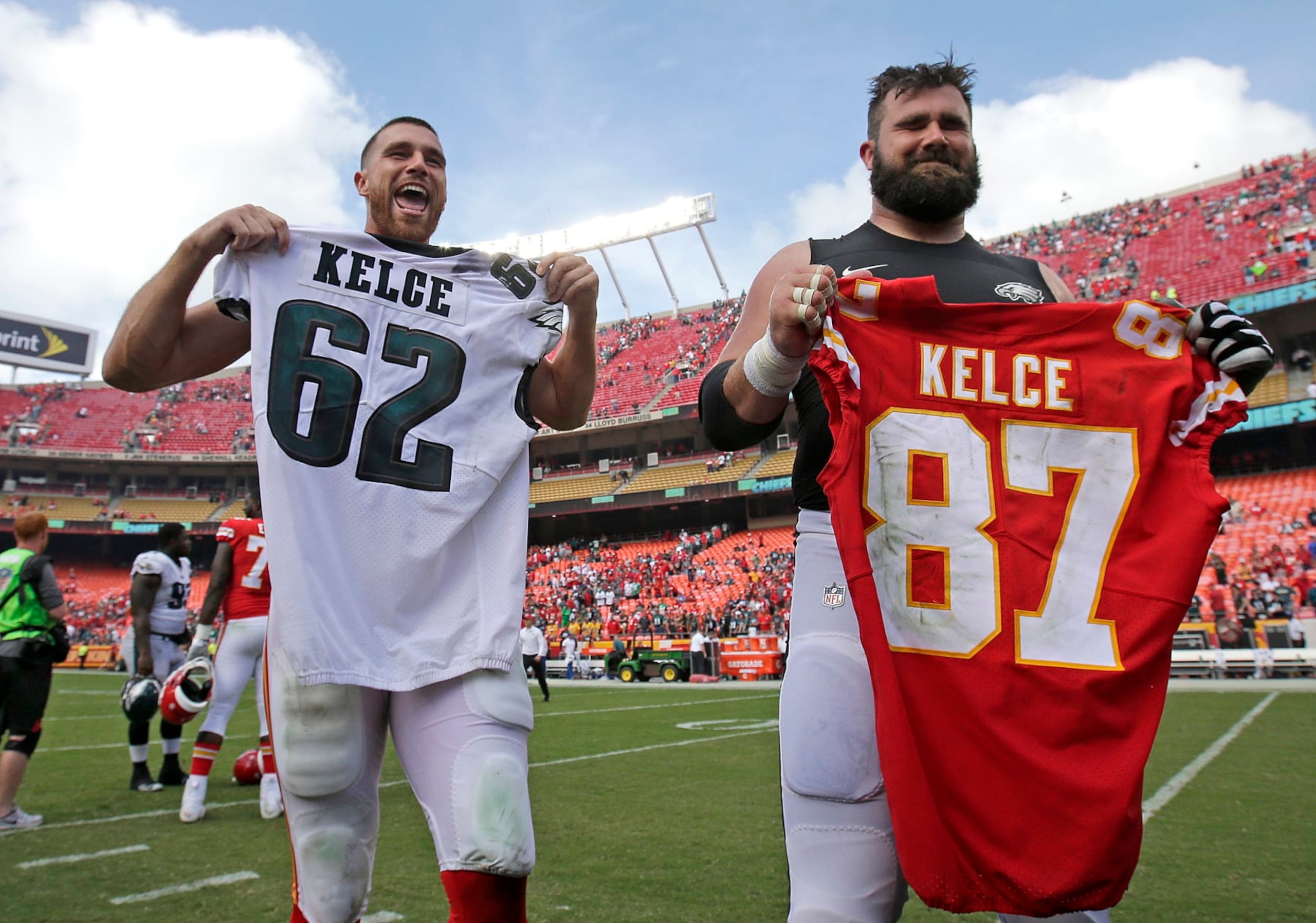 Kansas City Chiefs tight end Travis Kelce, left, and his brother Philadelphia Eagles center Jason Kelce, right, exchange jerseys after their NFL football game Sunday, Sept. 17, 2017, in Kansas City, Mo. The Chiefs won 27-20. (AP Photo/Charlie Riedel) Kansas City Chiefs tight end Travis Kelce, left, and his brother Philadelphia Eagles center Jason Kelce, right, exchange jerseys after their NFL football game Sunday, Sept. 17, 2017, in Kansas City, Mo. The Chiefs won 27-20. (AP Photo/Charlie Riedel)