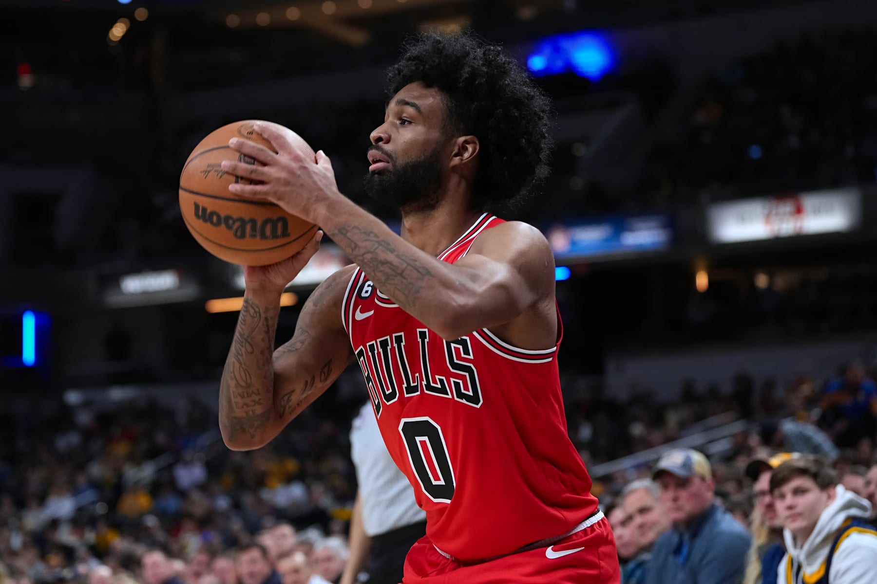 INDIANAPOLIS, INDIANA - JANUARY 24: Coby White #0 of the Chicago Bulls attempts a shot in the second quarter against the Indiana Pacers at Gainbridge Fieldhouse on January 24, 2023 in Indianapolis, Indiana. NOTE TO USER: User expressly acknowledges and agrees that, by downloading and or using this photograph, User is consenting to the terms and conditions of the Getty Images License Agreement. (Photo by Dylan Buell/Getty Images)