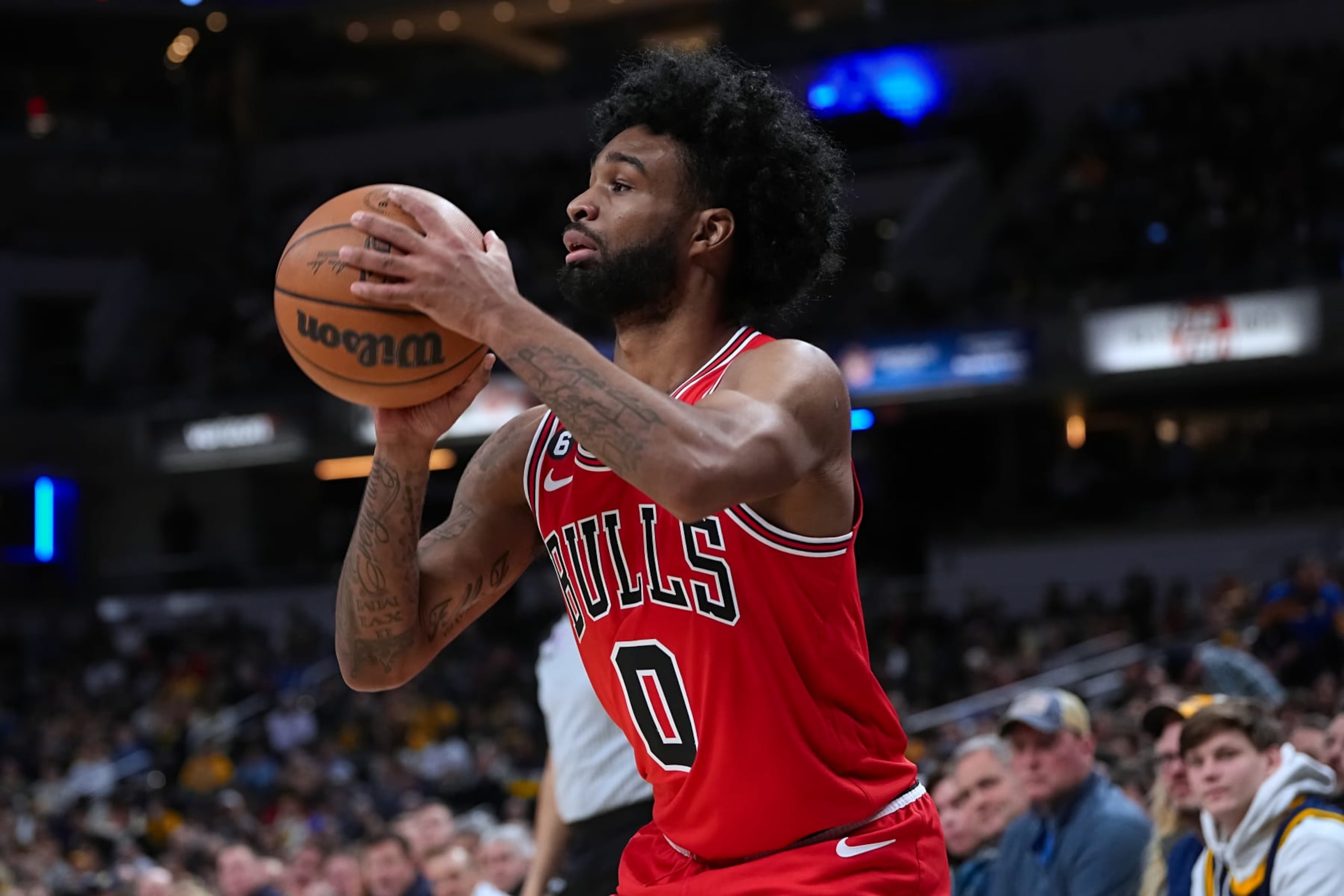 INDIANAPOLIS, INDIANA - JANUARY 24: Coby White #0 of the Chicago Bulls attempts a shot in the second quarter against the Indiana Pacers at Gainbridge Fieldhouse on January 24, 2023 in Indianapolis, Indiana. NOTE TO USER: User expressly acknowledges and agrees that, by downloading and or using this photograph, User is consenting to the terms and conditions of the Getty Images License Agreement. (Photo by Dylan Buell/Getty Images)