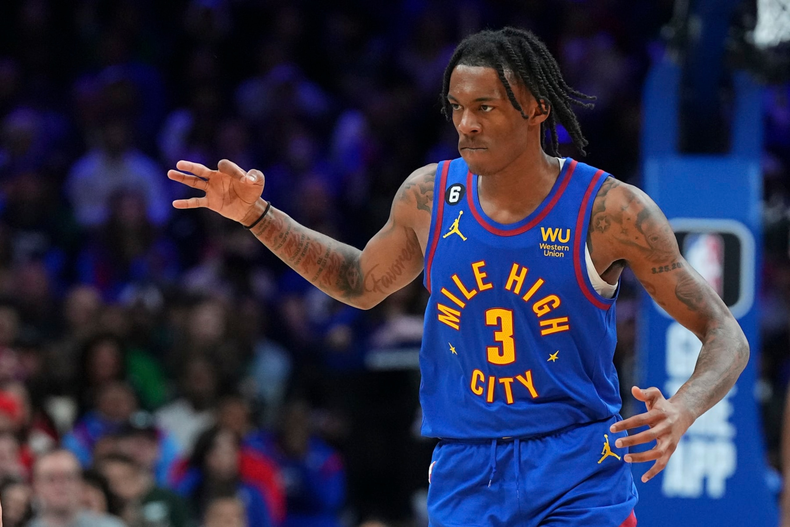 PHILADELPHIA, PA - JANUARY 28: Bones Hyland #3 of the Denver Nuggets reacts against the Philadelphia 76ers at the Wells Fargo Center on January 28, 2023 in Philadelphia, Pennsylvania. NOTE TO USER: User expressly acknowledges and agrees that, by downloading and or using this photograph, User is consenting to the terms and conditions of the Getty Images License Agreement. (Photo by Mitchell Leff/Getty Images)