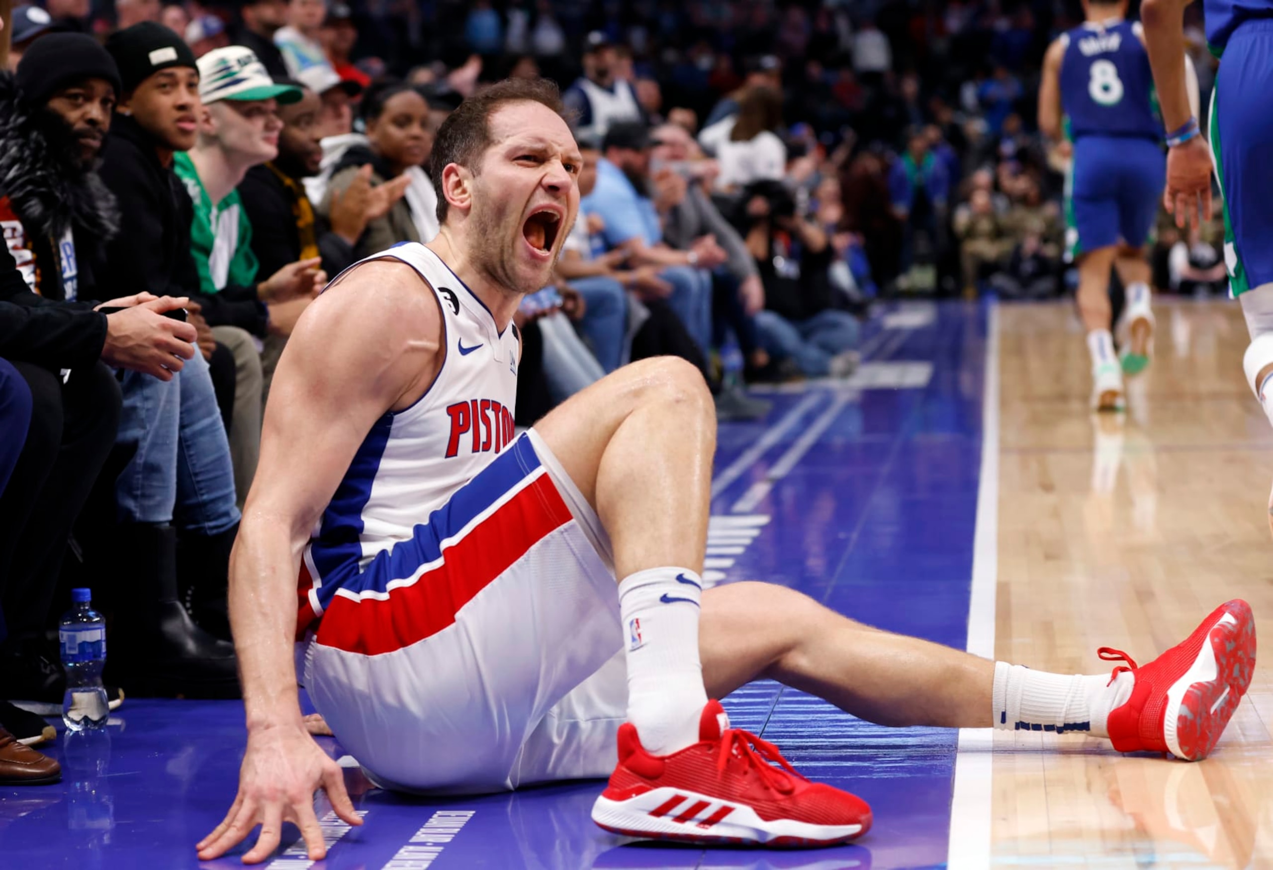 DALLAS, TX - JANUARY 30: Bojan Bogdanovic #44 of the Detroit Pistons reacts after attempting a three point basket against the Dallas Mavericks late in the second half at American Airlines Center on January 30, 2023 in Dallas, Texas. The Mavericks won 111-105. NOTE TO USER: User expressly acknowledges and agrees that, by downloading and or using this photograph, User is consenting to the terms and conditions of the Getty Images License Agreement. (Photo by Ron Jenkins/Getty Images)