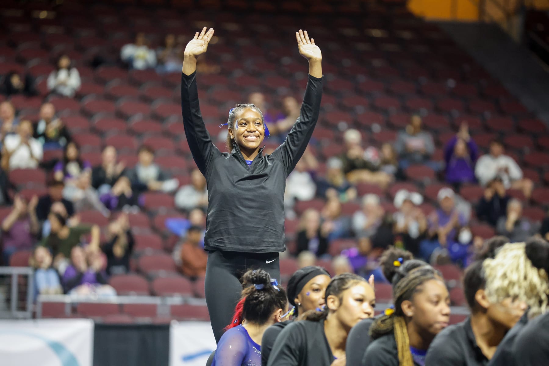 Morgan Price celebrates winning the vault while competing for Fisk at a meet in Las Vegas. 