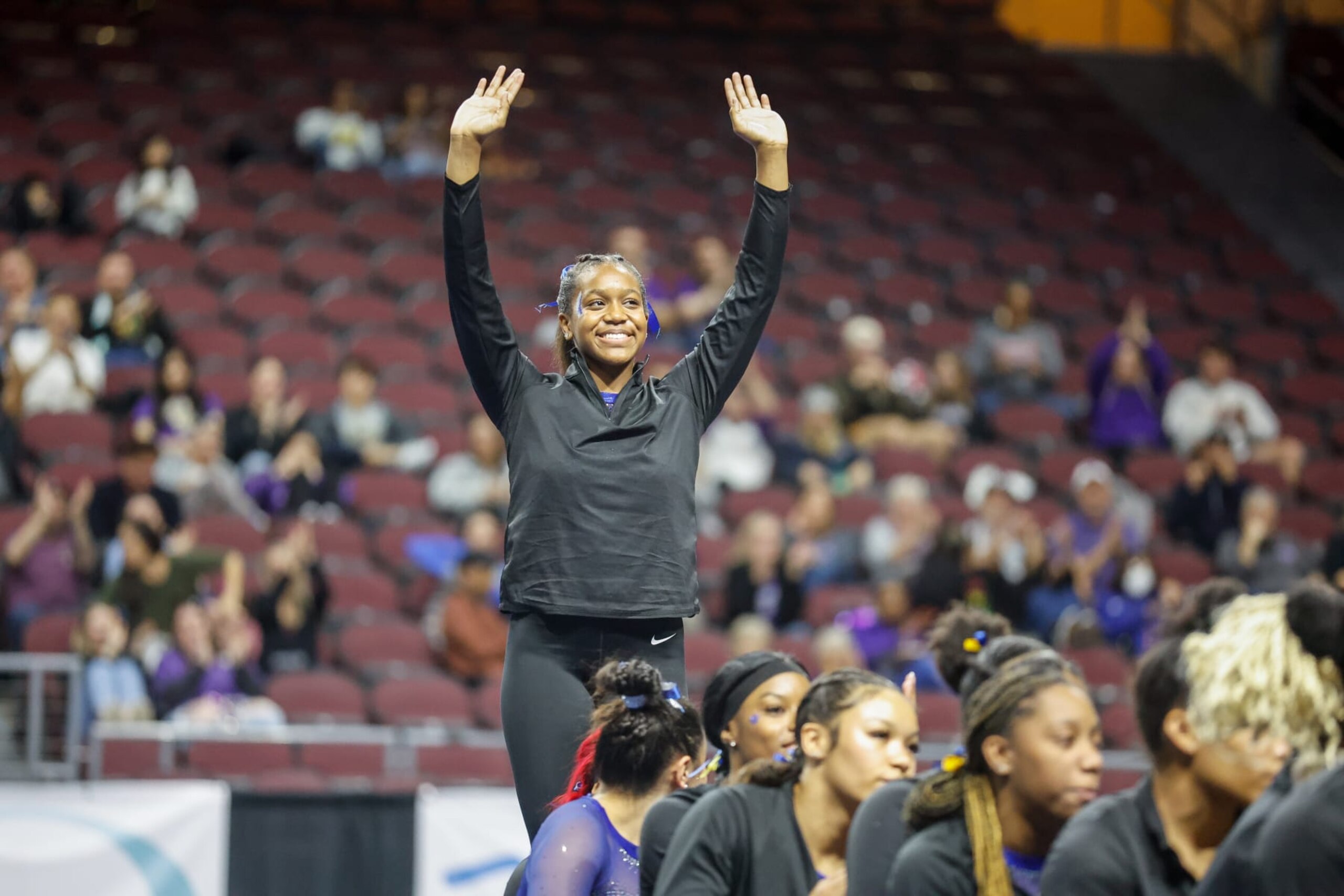 Morgan Price celebrates winning the vault while competing for Fisk at a meet in Las Vegas. Morgan Price celebrates winning the vault while competing for Fisk at a meet in Las Vegas.