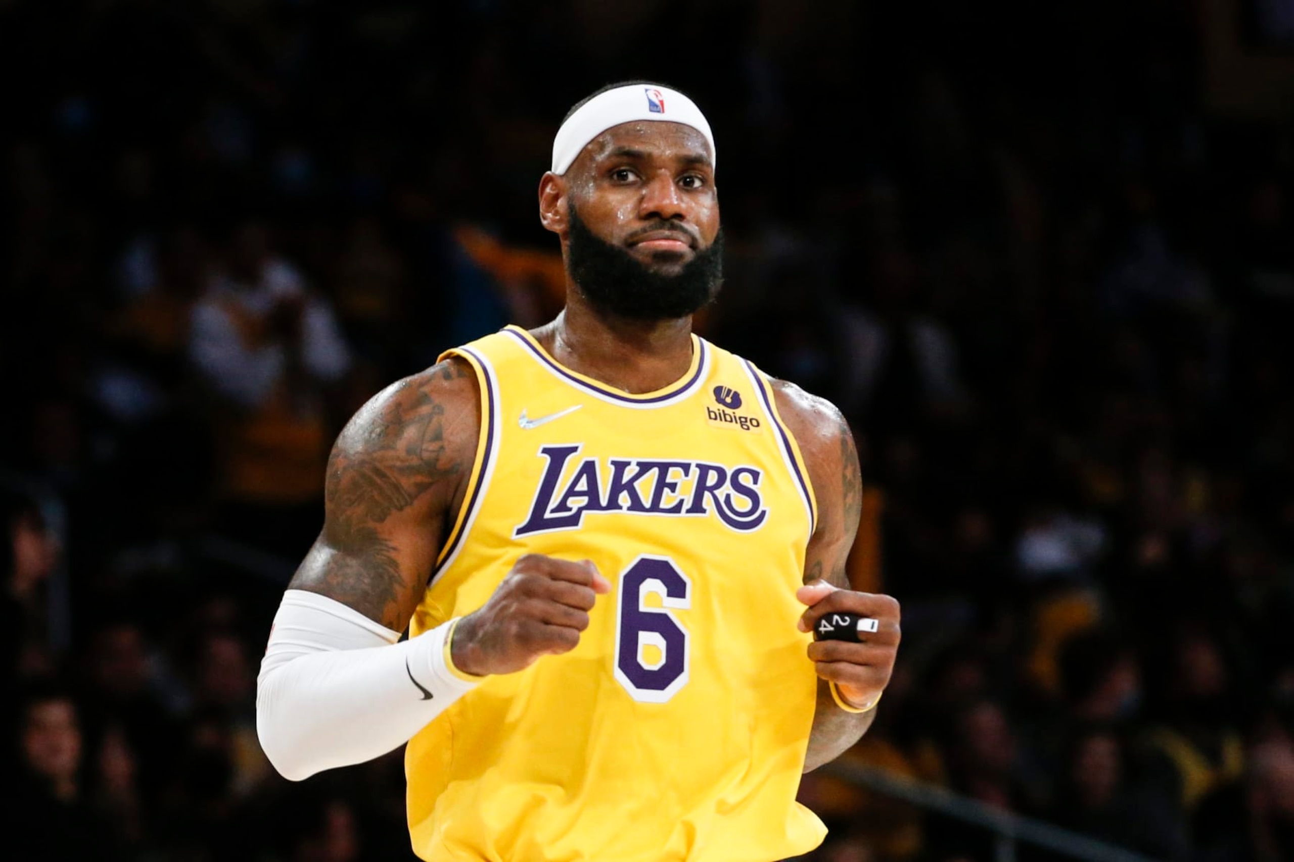 Los Angeles Lakers forward LeBron James (6) reacts after scoring a 3-pointer against the Golden State Warriors during the second half of an NBA basketball game in Los Angeles, Tuesday, Oct. 19, 2021. The Warriors won 121-114. (AP Photo/Ringo H.W. Chiu)