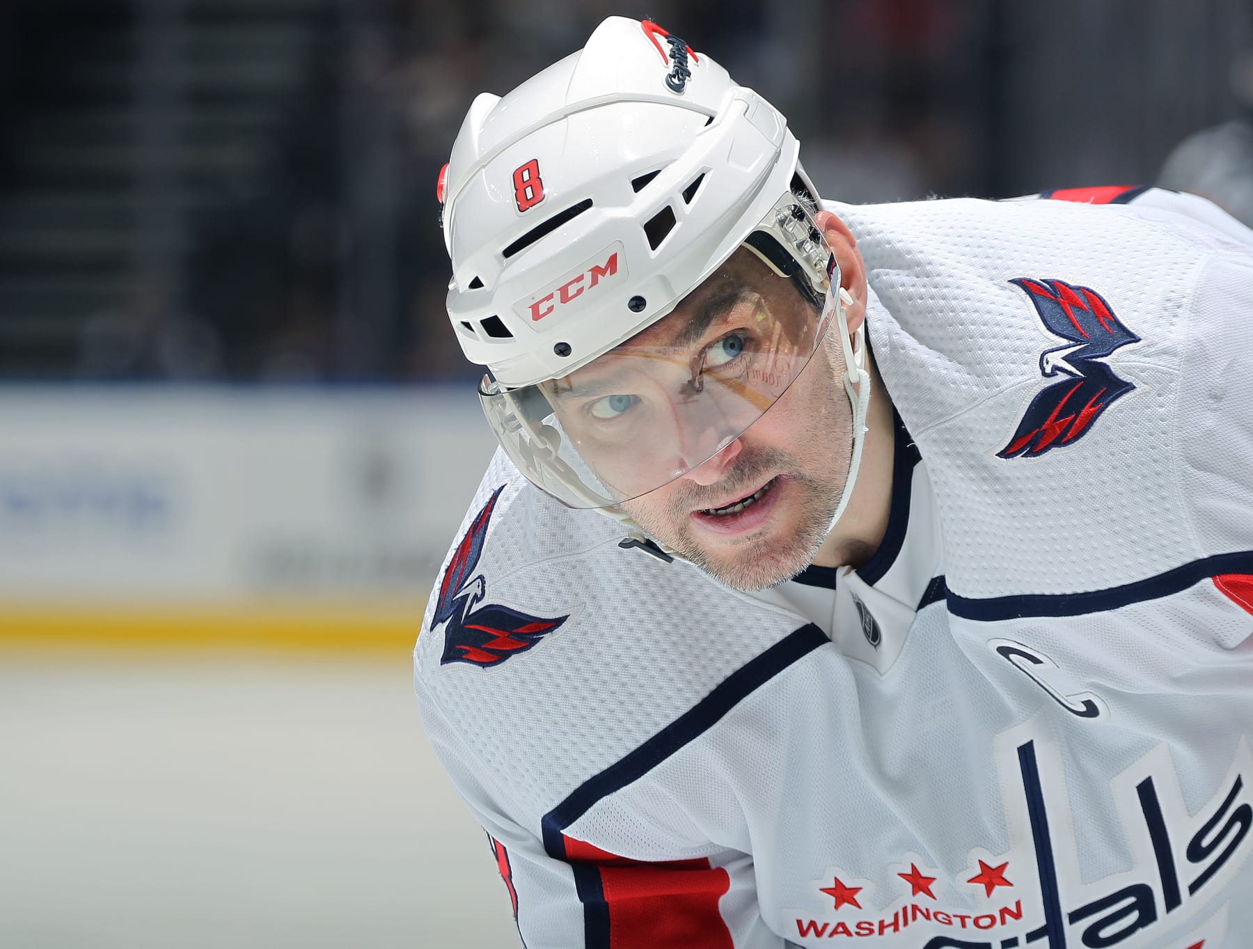TORONTO, CANADA :  Alex Ovechkin #8 of the Washington Capitals waits for play to resume against the Toronto Maple Leafs during an NHL game at Scotiabank Arena on January 29, 2023 in Toronto, Ontario, Canada. The Maple Leafs defeated the Capitals 5-1. (Photo by Claus Andersen/Getty Images)