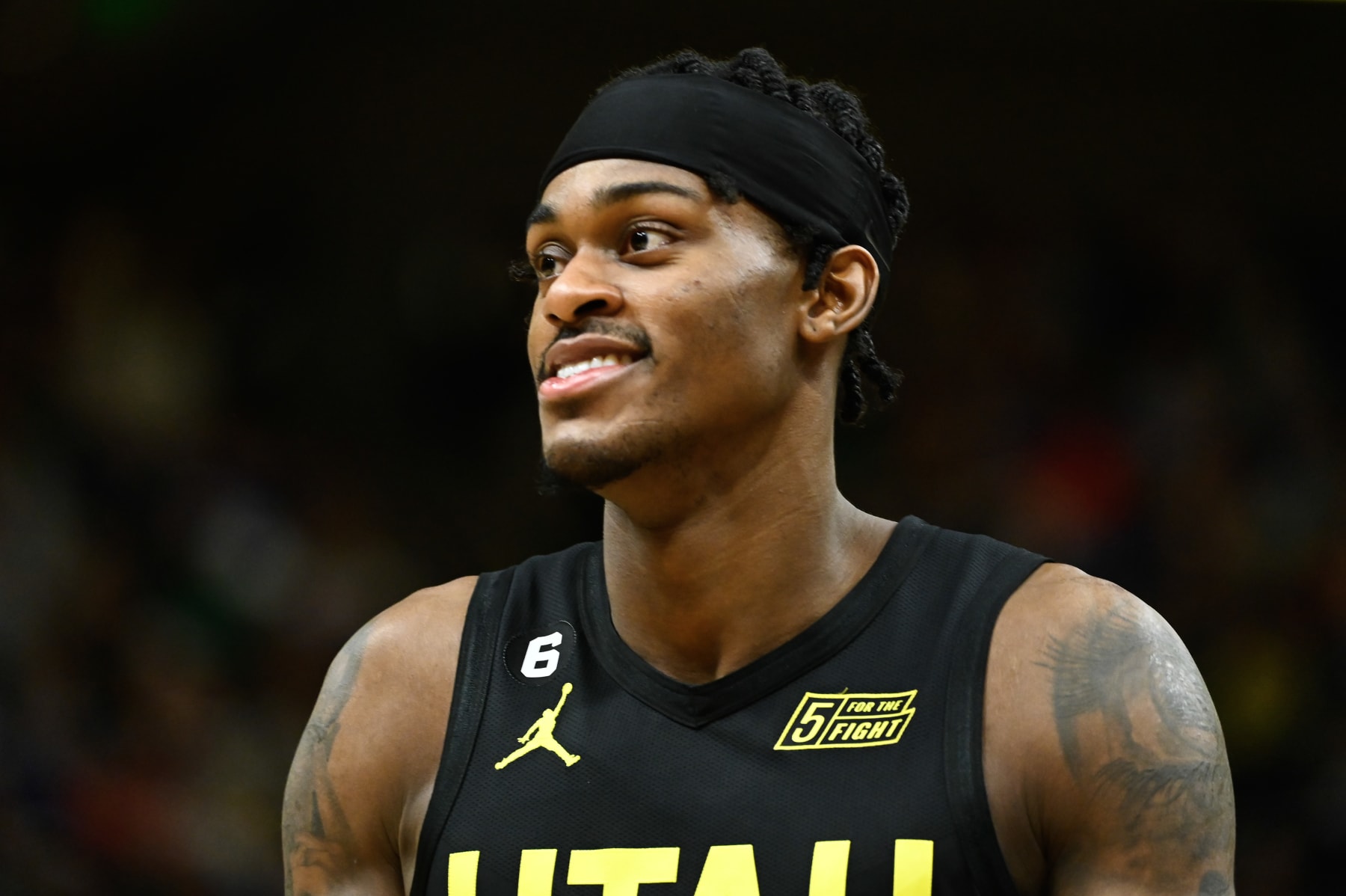 SALT LAKE CITY, UTAH - JANUARY 28: Jarred Vanderbilt #8 of the Utah Jazz looks on during the second half of a game against the Dallas Mavericks at Vivint Arena on January 28, 2023 in Salt Lake City, Utah. NOTE TO USER: User expressly acknowledges and agrees that, by downloading and or using this photograph, User is consenting to the terms and conditions of the Getty Images License Agreement.  (Photo by Alex Goodlett/Getty Images)