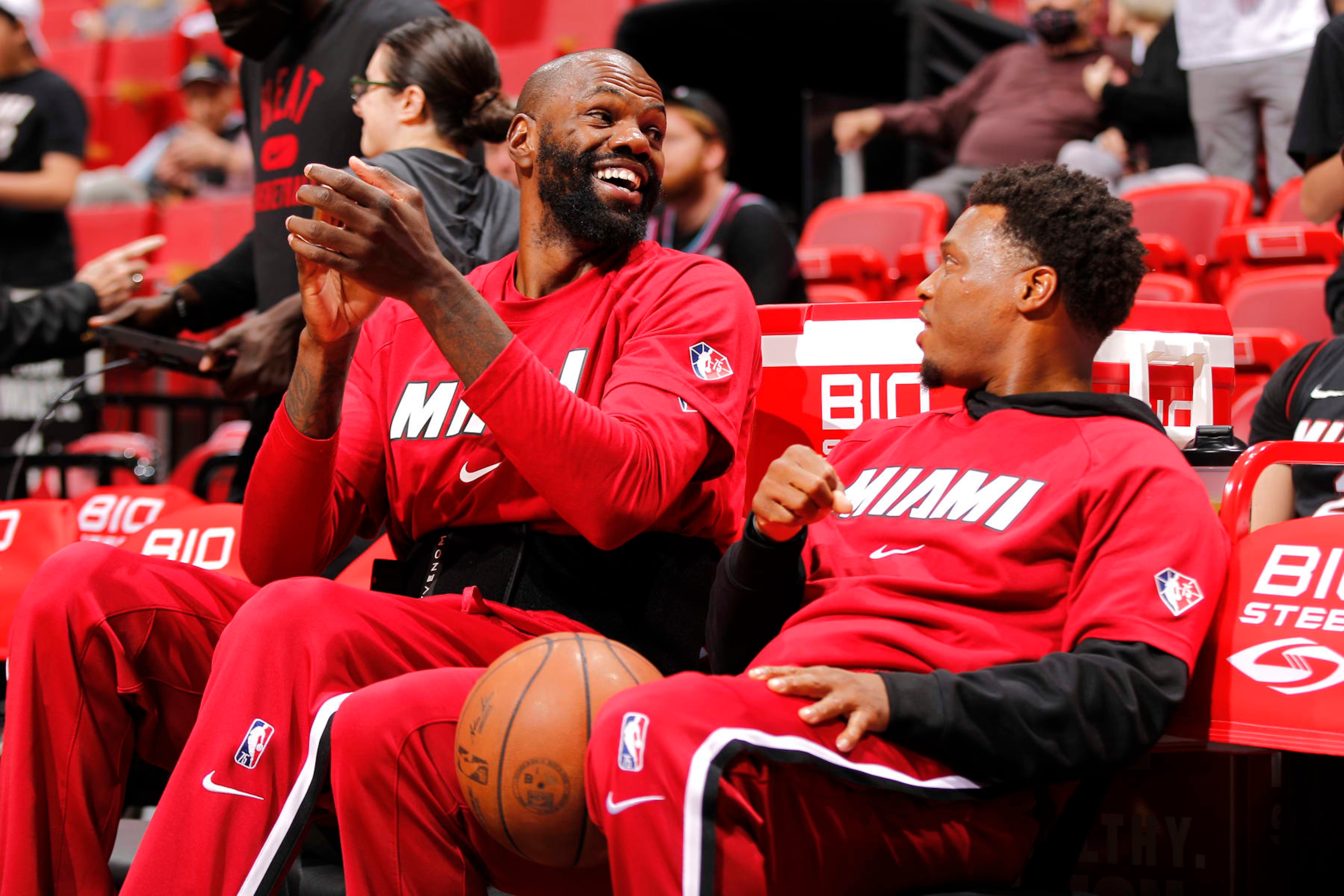 MIAMI, FL - MARCH 23: Dewayne Dedmon #21 talks to Kyle Lowry #7 of the Miami Heat before the game against the Golden State Warriors on March 23, 2022 at FTX Arena in Miami, Florida. NOTE TO USER: User expressly acknowledges and agrees that, by downloading and or using this Photograph, user is consenting to the terms and conditions of the Getty Images License Agreement. Mandatory Copyright Notice: Copyright 2022 NBAE (Photo by Issac Baldizon/NBAE via Getty Images) MIAMI, FL - MARCH 23: Dewayne Dedmon #21 talks to Kyle Lowry #7 of the Miami Heat before the game against the Golden State Warriors on March 23, 2022 at FTX Arena in Miami, Florida. NOTE TO USER: User expressly acknowledges and agrees that, by downloading and or using this Photograph, user is consenting to the terms and conditions of the Getty Images License Agreement. Mandatory Copyright Notice: Copyright 2022 NBAE (Photo by Issac Baldizon/NBAE via Getty Images)