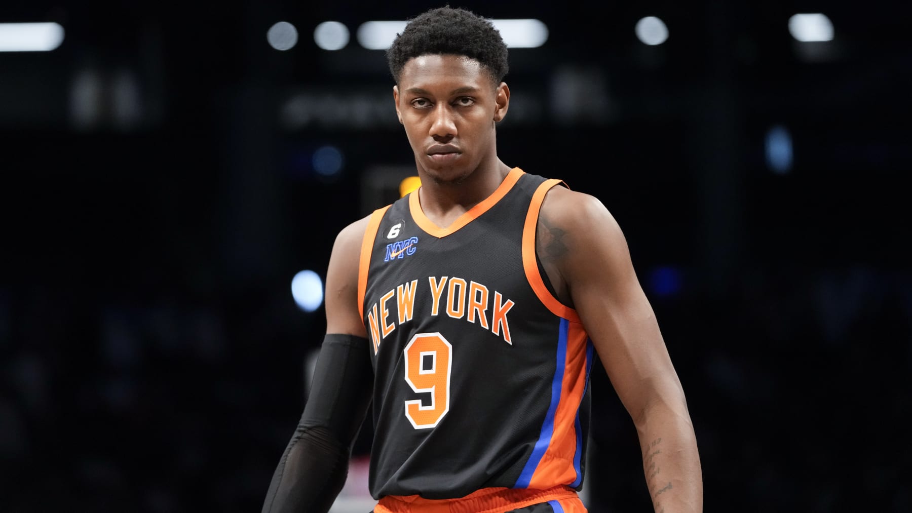 New York Knicks guard RJ Barrett during the first half of an NBA basketball game against the Brooklyn Nets, Saturday, Jan. 28, 2023, in New York. (AP Photo/Mary Altaffer)