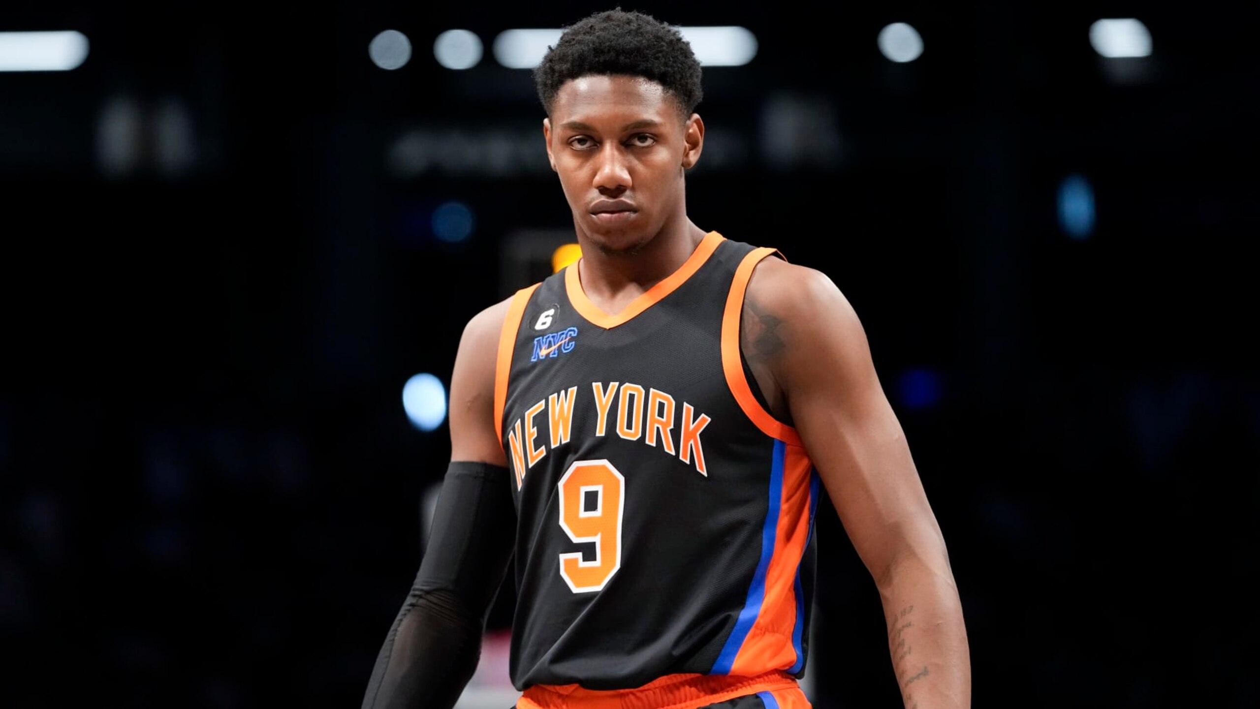 New York Knicks guard RJ Barrett during the first half of an NBA basketball game against the Brooklyn Nets, Saturday, Jan. 28, 2023, in New York. (AP Photo/Mary Altaffer)