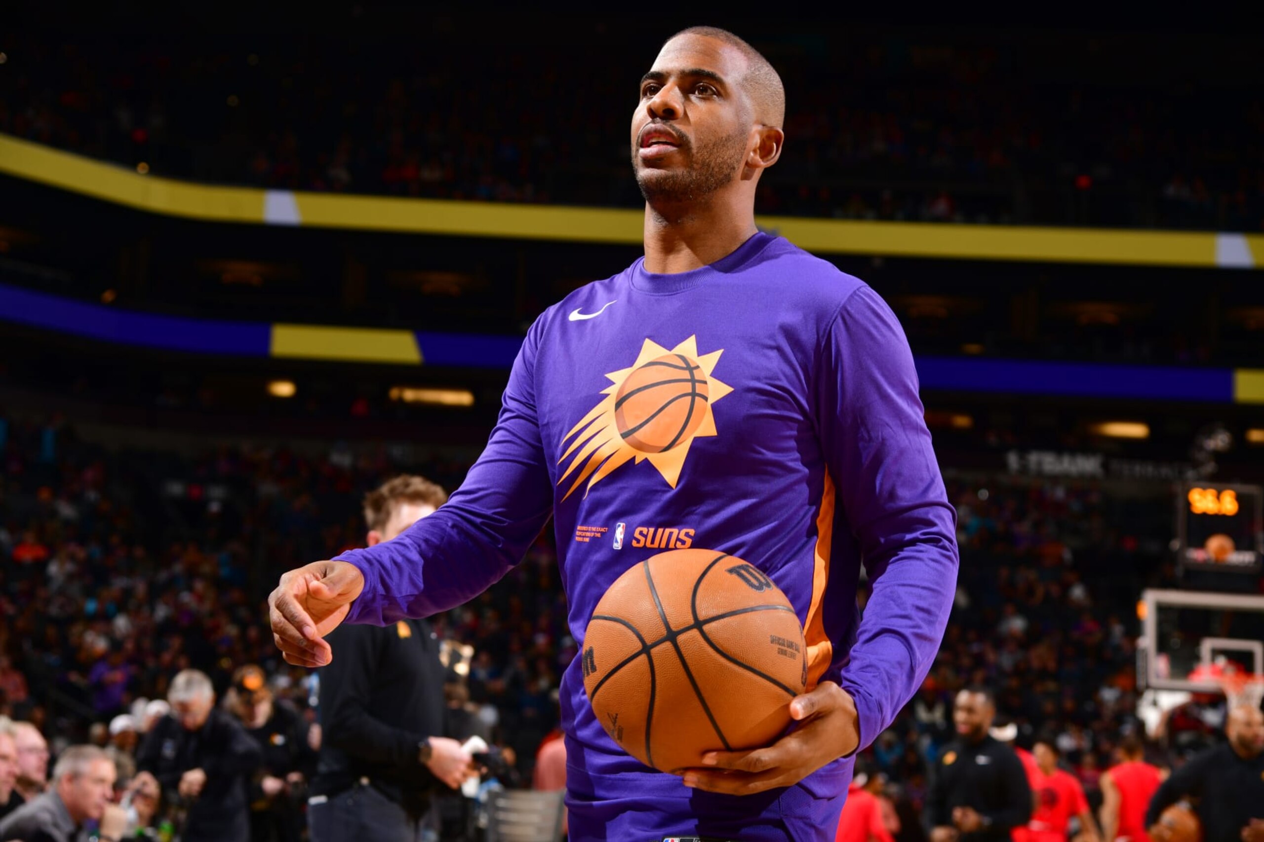 PHOENIX, AZ - JANUARY 30: Chris Paul #3 of the Phoenix Suns looks on before the game against the Toronto Raptors on January 30, 2022 at Footprint Center in Phoenix, Arizona. NOTE TO USER: User expressly acknowledges and agrees that, by downloading and or using this photograph, user is consenting to the terms and conditions of the Getty Images License Agreement. Mandatory Copyright Notice: Copyright 2022 NBAE (Photo by Barry Gossage/NBAE via Getty Images)