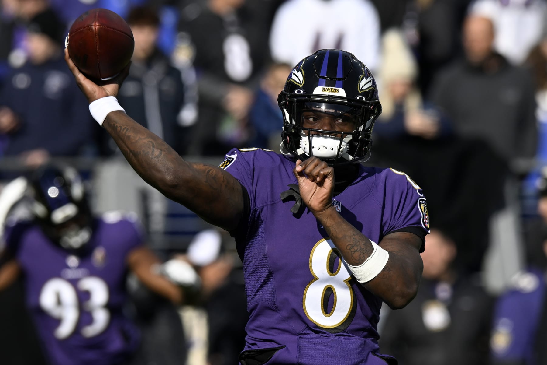 BALTIMORE, MARYLAND - DECEMBER 04: Lamar Jackson #8 of the Baltimore Ravens warms up prior to a game against the Denver Broncos at M&T Bank Stadium on December 04, 2022 in Baltimore, Maryland. (Photo by Greg Fiume/Getty Images) BALTIMORE, MARYLAND - DECEMBER 04: Lamar Jackson #8 of the Baltimore Ravens warms up prior to a game against the Denver Broncos at M&T Bank Stadium on December 04, 2022 in Baltimore, Maryland. (Photo by Greg Fiume/Getty Images)