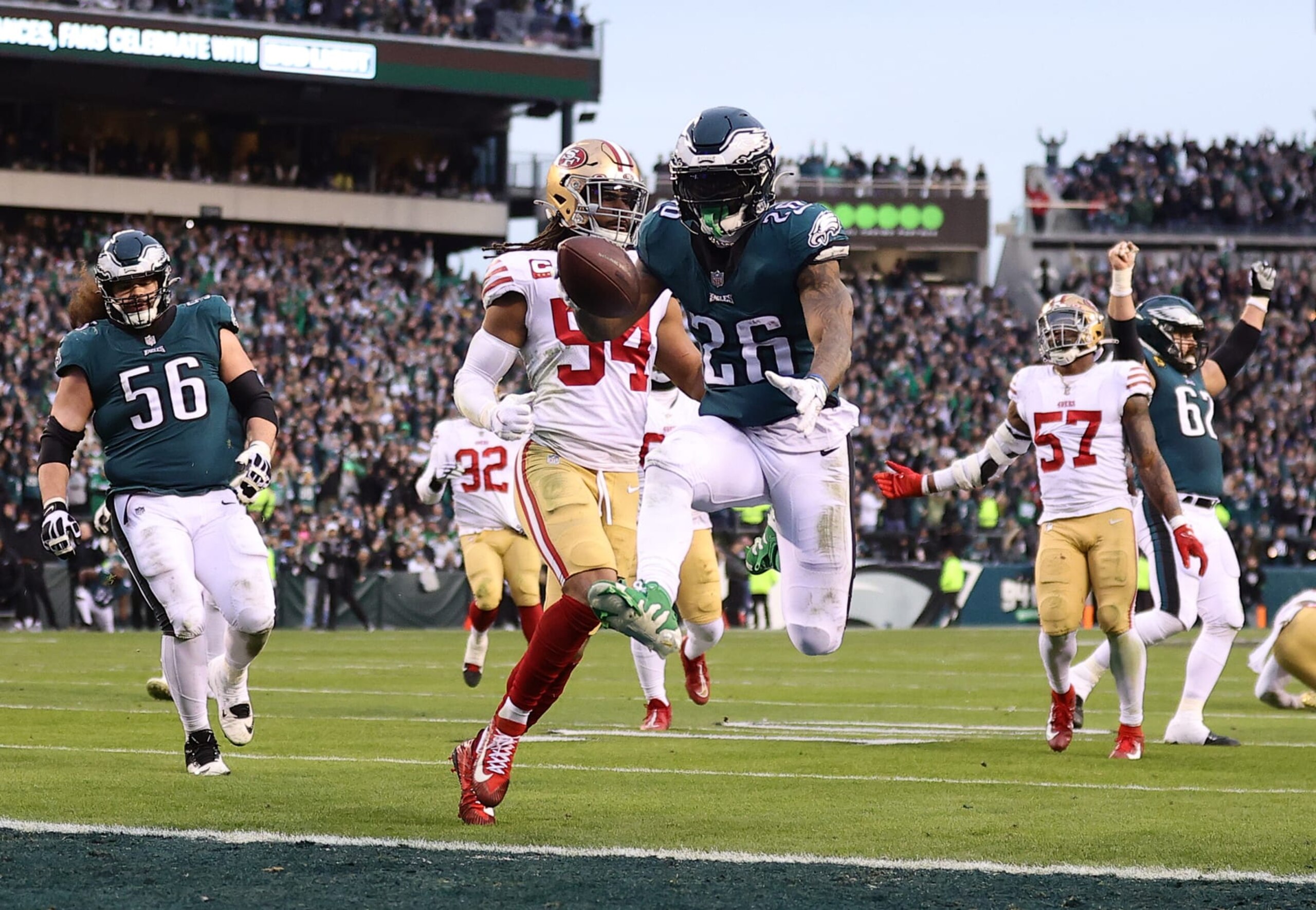 PHILADELPHIA, PENNSYLVANIA - JANUARY 29: Miles Sanders #26 of the Philadelphia Eagles scores a 13 yard touchdown against the San Francisco 49ers during the second quarter in the NFC Championship Game at Lincoln Financial Field on January 29, 2023 in Philadelphia, Pennsylvania. (Photo by Tim Nwachukwu/Getty Images) PHILADELPHIA, PENNSYLVANIA - JANUARY 29: Miles Sanders #26 of the Philadelphia Eagles scores a 13 yard touchdown against the San Francisco 49ers during the second quarter in the NFC Championship Game at Lincoln Financial Field on January 29, 2023 in Philadelphia, Pennsylvania. (Photo by Tim Nwachukwu/Getty Images)