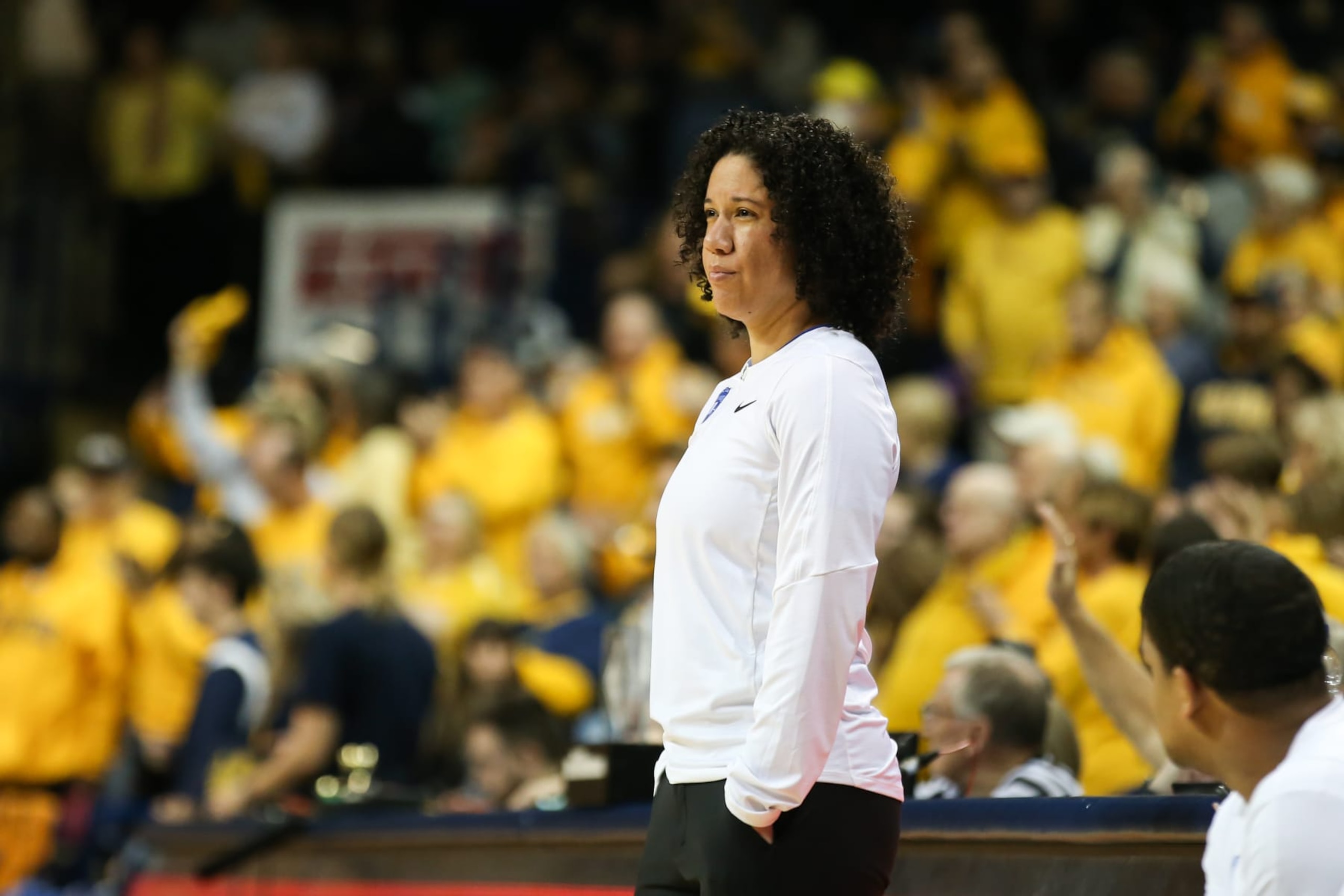 TOLEDO, OH - NOVEMBER 20:  Duke Blue Devils head coach Kara Lawson watches her players warmup before the start of a regular season non-conference womens college basketball game between the Duke Blue Devils and the Toledo Rockets on November 20, 2022 at Savage Arena in Toledo, Ohio.  (Photo by Scott W. Grau/Icon Sportswire via Getty Images)