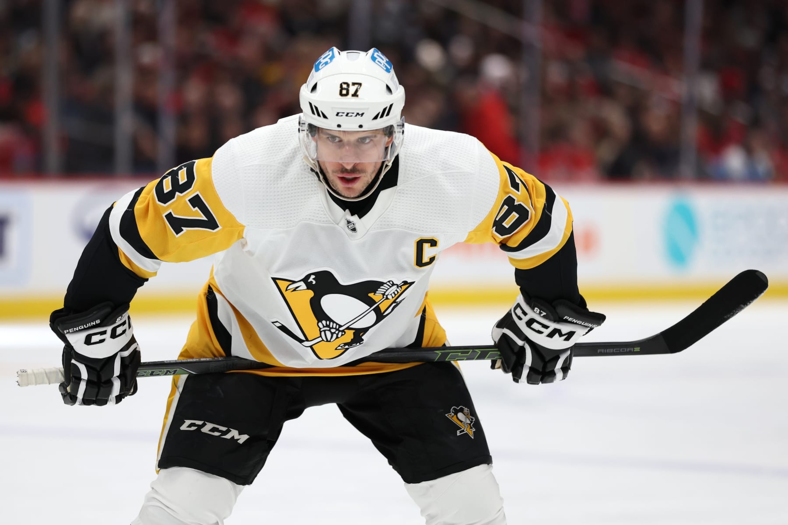 WASHINGTON, DC - JANUARY 26: Sidney Crosby #87 of the Pittsburgh Penguins prepares to face-off against the Washington Capitals during the first period at Capital One Arena on January 26, 2023 in Washington, DC. (Photo by Patrick Smith/Getty Images)