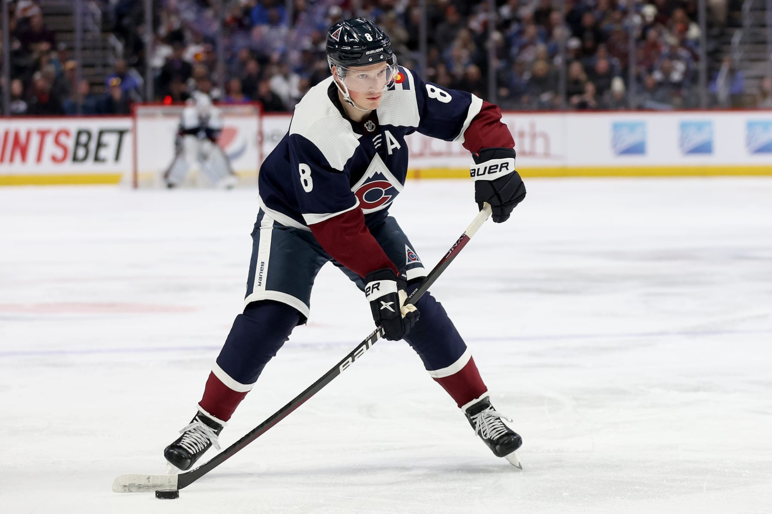 DENVER, COLORADO - JANUARY 28: Cale Makar #8 of the Colorado Avalanche plays the St Louis Blues in the second period at Ball Arena on January 28, 2023 in Denver, Colorado. (Photo by Matthew Stockman/Getty Images)