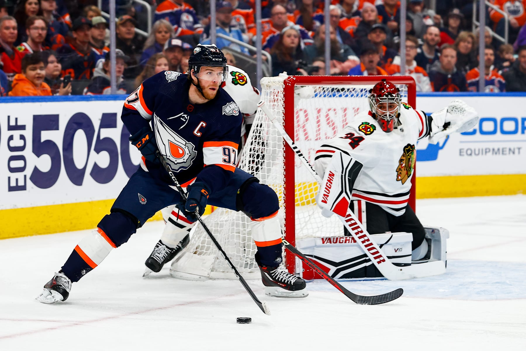 EDMONTON, AB - JANUARY 28: Edmonton Oilers Center Connor McDavid (97) takes the puck to the net in the first period of the Edmonton Oilers game versus the Chicago Blackhawks on January 28, 2023 at Rogers Place in Edmonton, AB. (Photo by Curtis Comeau/Icon Sportswire via Getty Images)