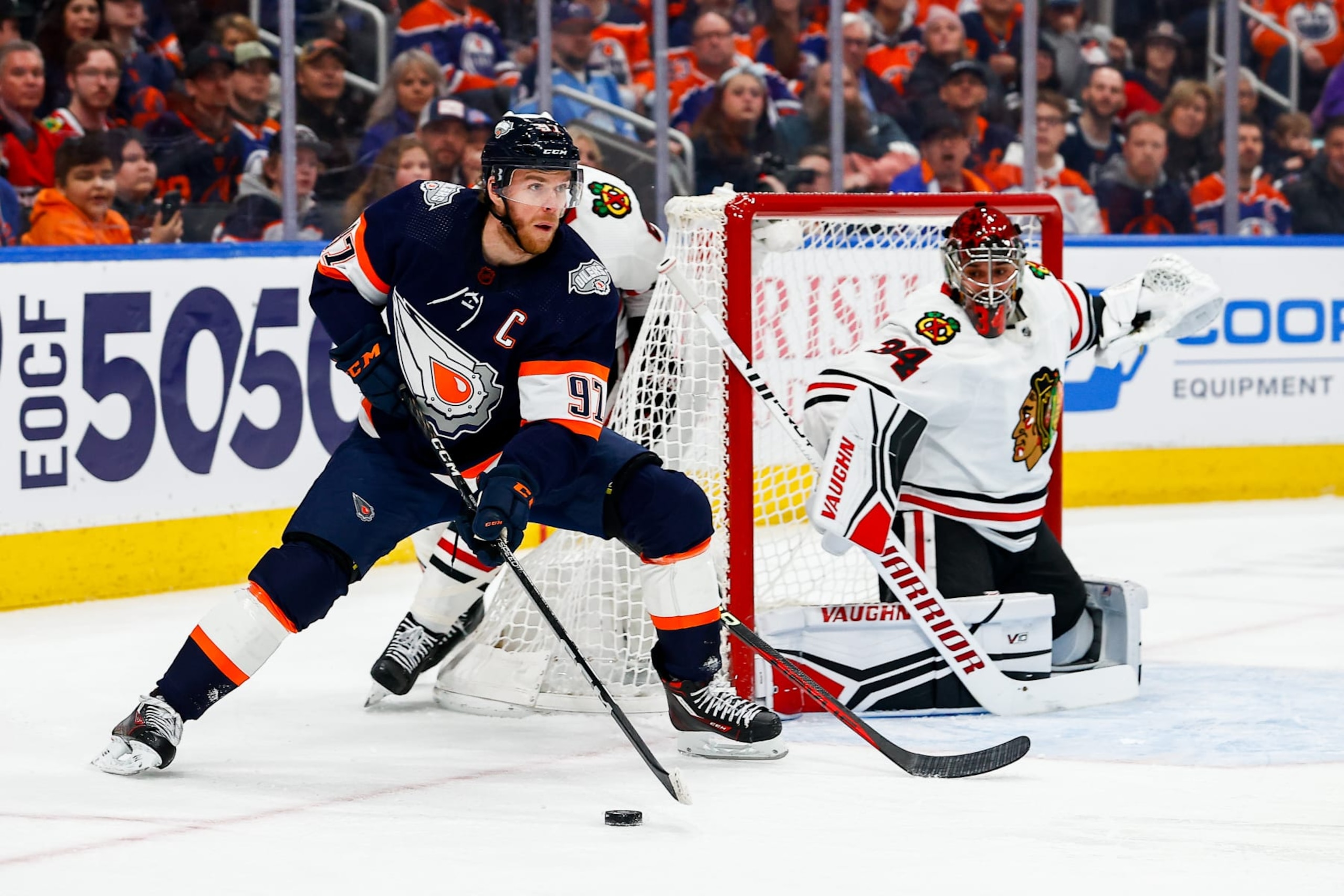 EDMONTON, AB - JANUARY 28: Edmonton Oilers Center Connor McDavid (97) takes the puck to the net in the first period of the Edmonton Oilers game versus the Chicago Blackhawks on January 28, 2023 at Rogers Place in Edmonton, AB. (Photo by Curtis Comeau/Icon Sportswire via Getty Images)